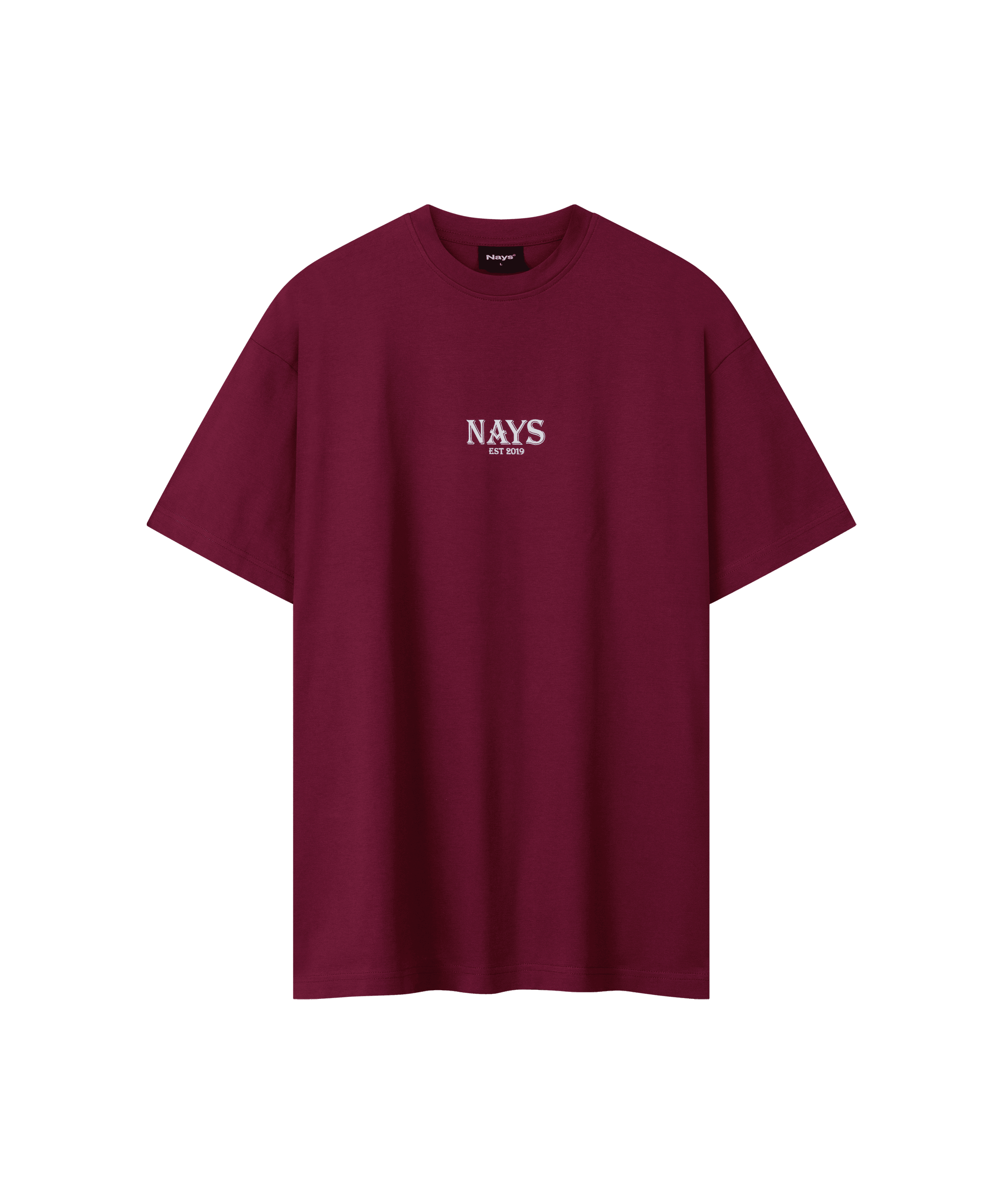 Frontansicht eines T-Shirts in burgundy-rot für Herren. Das T-Shirt ist locker geschnitten und hat einen kleinen mittigen "Nays" Logo Print in weiß.