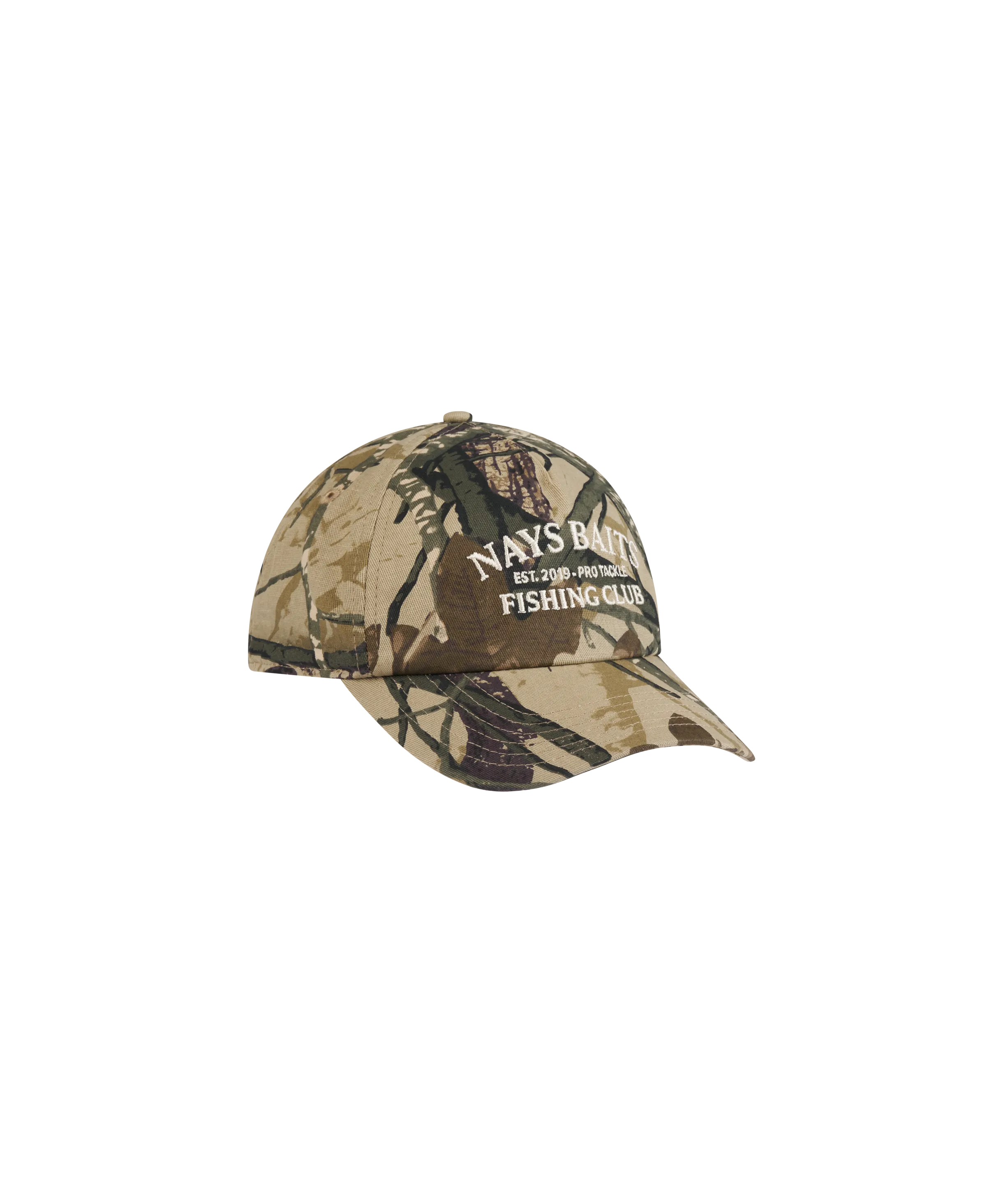 Nays Baits Fishing Club Angelmütze in Real-Tree Camo mit weißem Stick.