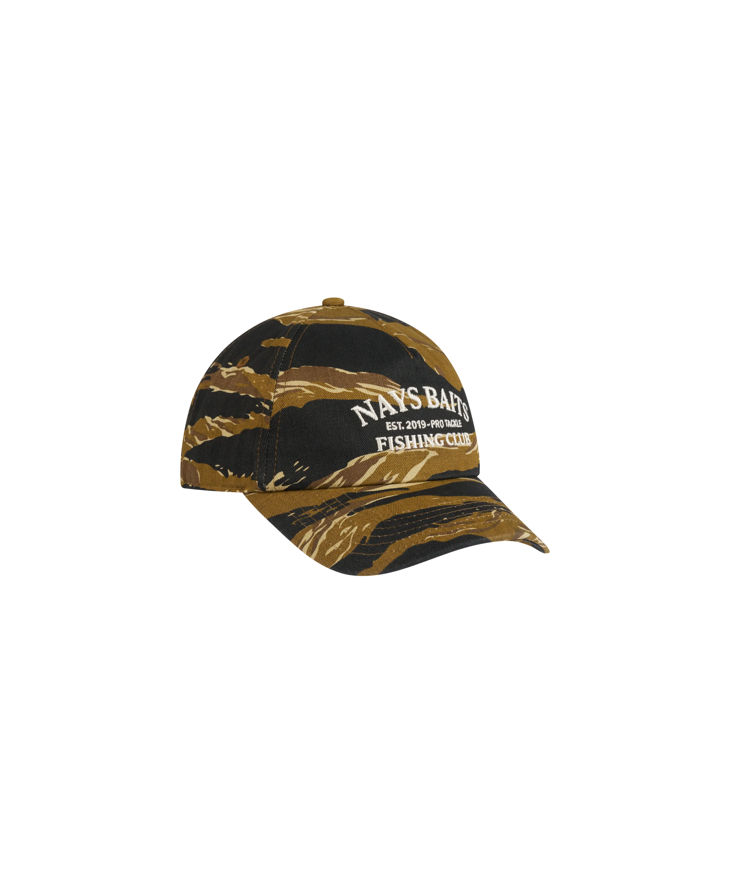 Nays Baits Fishing Club Basecap in Tiger-Stripe Camouflage mit weißem Stick.