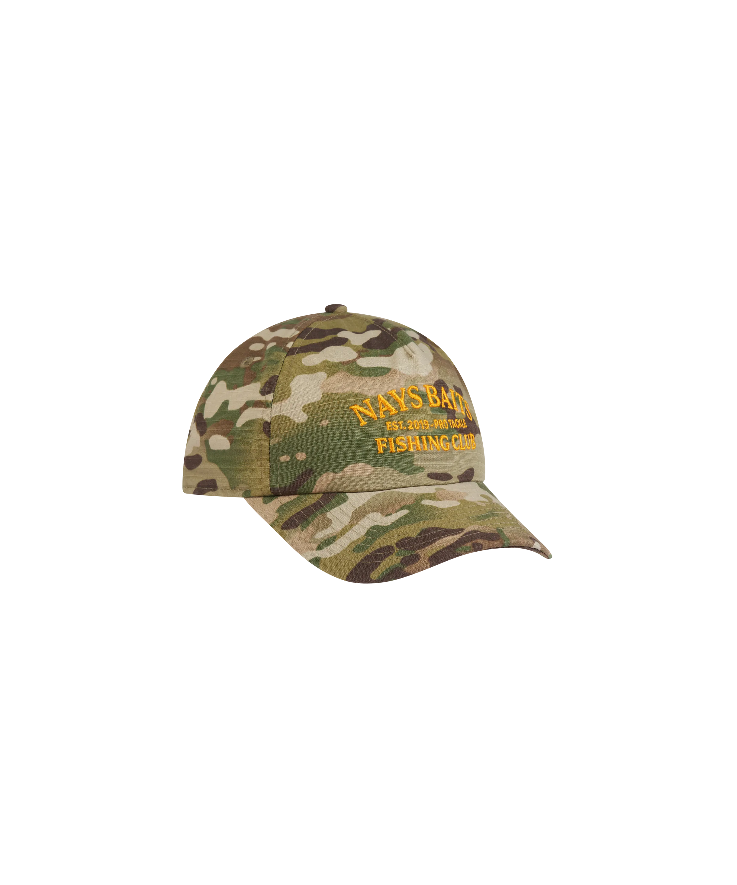 Nays Baits Fishing Club Cap in Camouflage-Optik mit gelbem Logo-Stick.