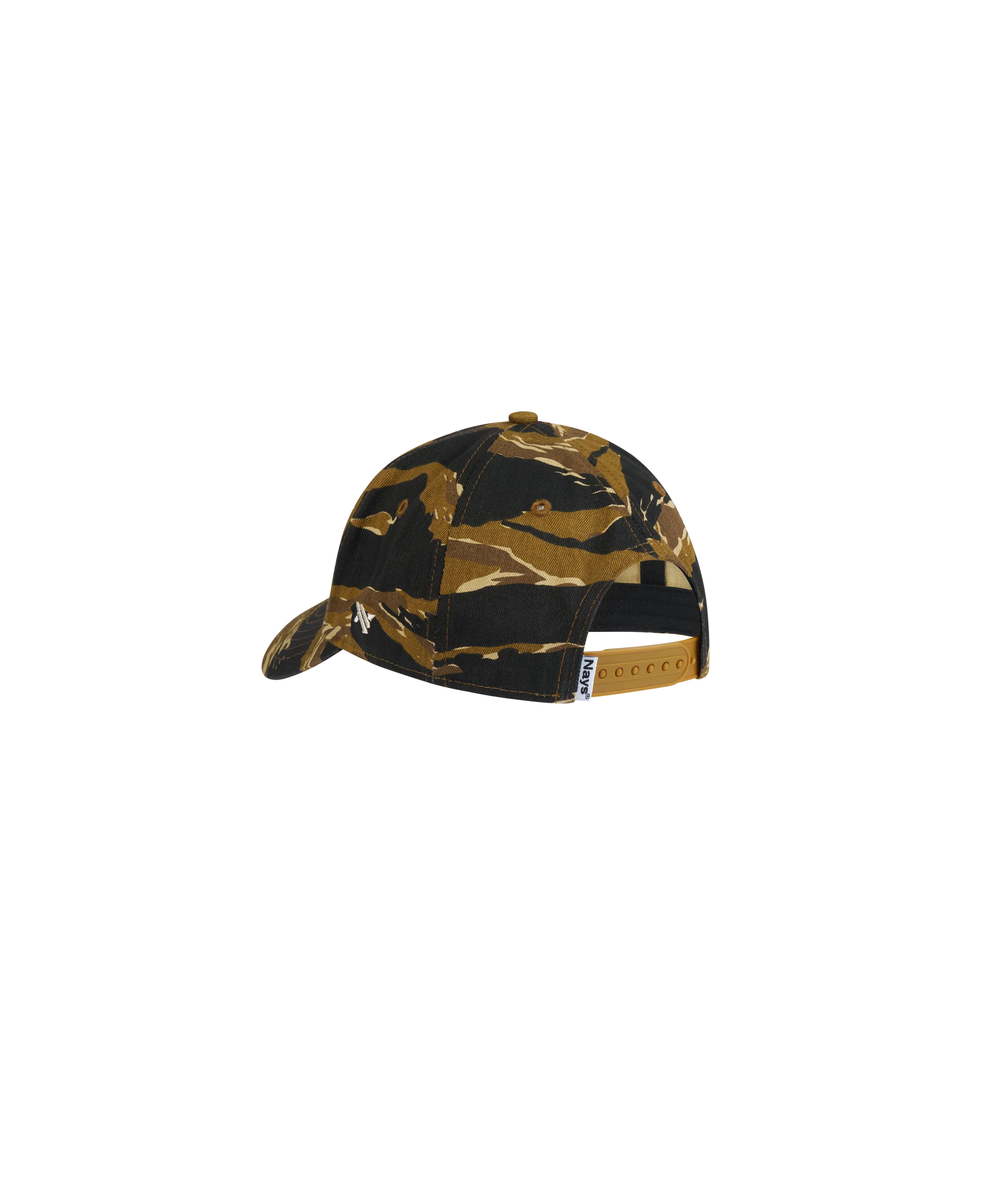 Rückansicht Nays Baits Fishing Club Basecap in Tiger-Stripe Camouflage mit weißem Stick.
