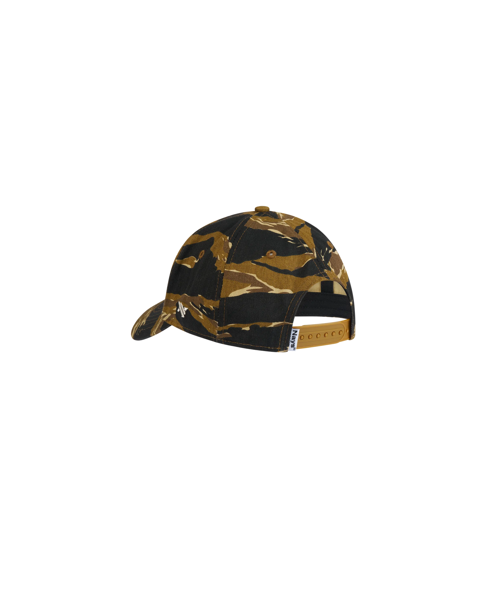 Rückansicht Nays Baits Fishing Club Basecap in Tiger-Stripe Camouflage mit weißem Stick.
