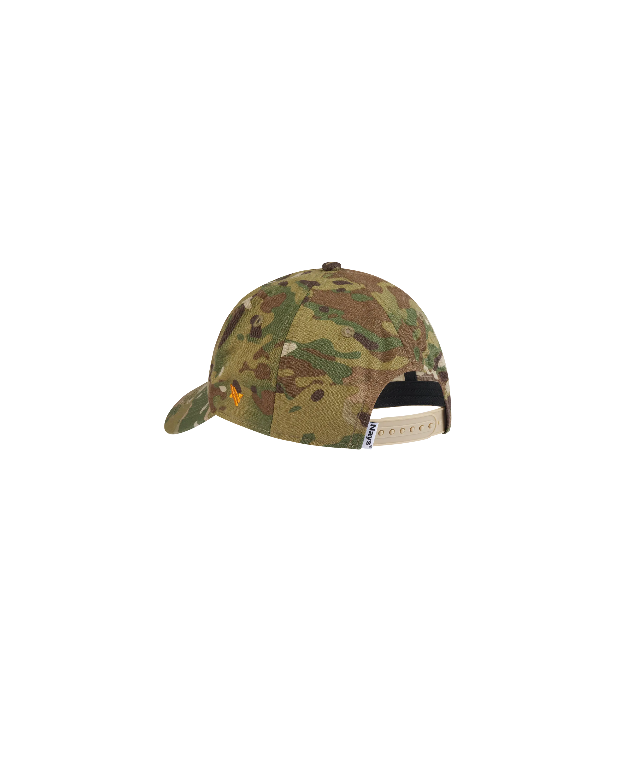 Rückansicht Nays Baits Fishing Club Cap in Camouflage-Optik mit gelbem Logo-Stick.