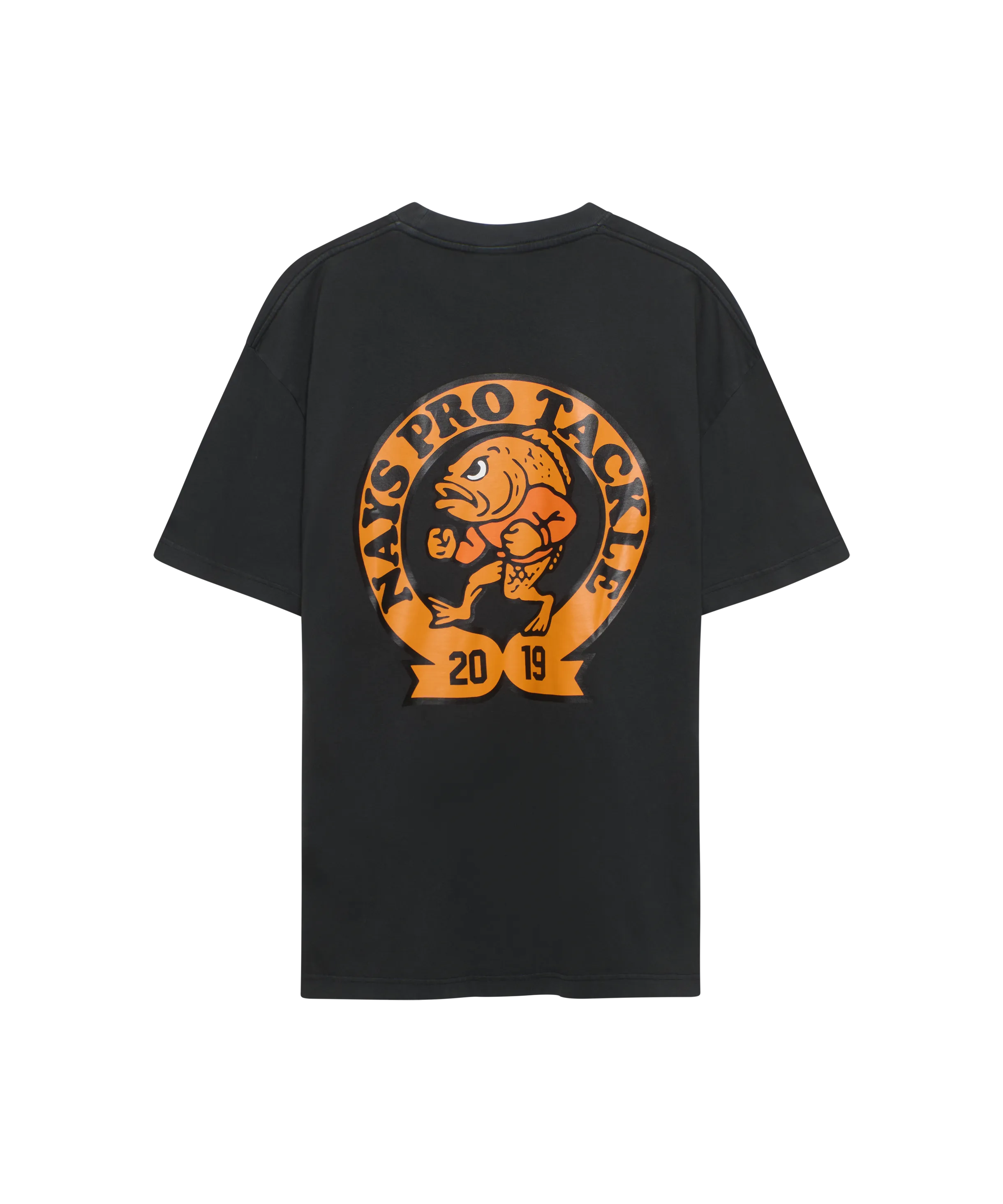 Rückansicht Nays Pro Tackle T-Shirt Dunkelgrau mit großem orangem Logo-Backprint.
