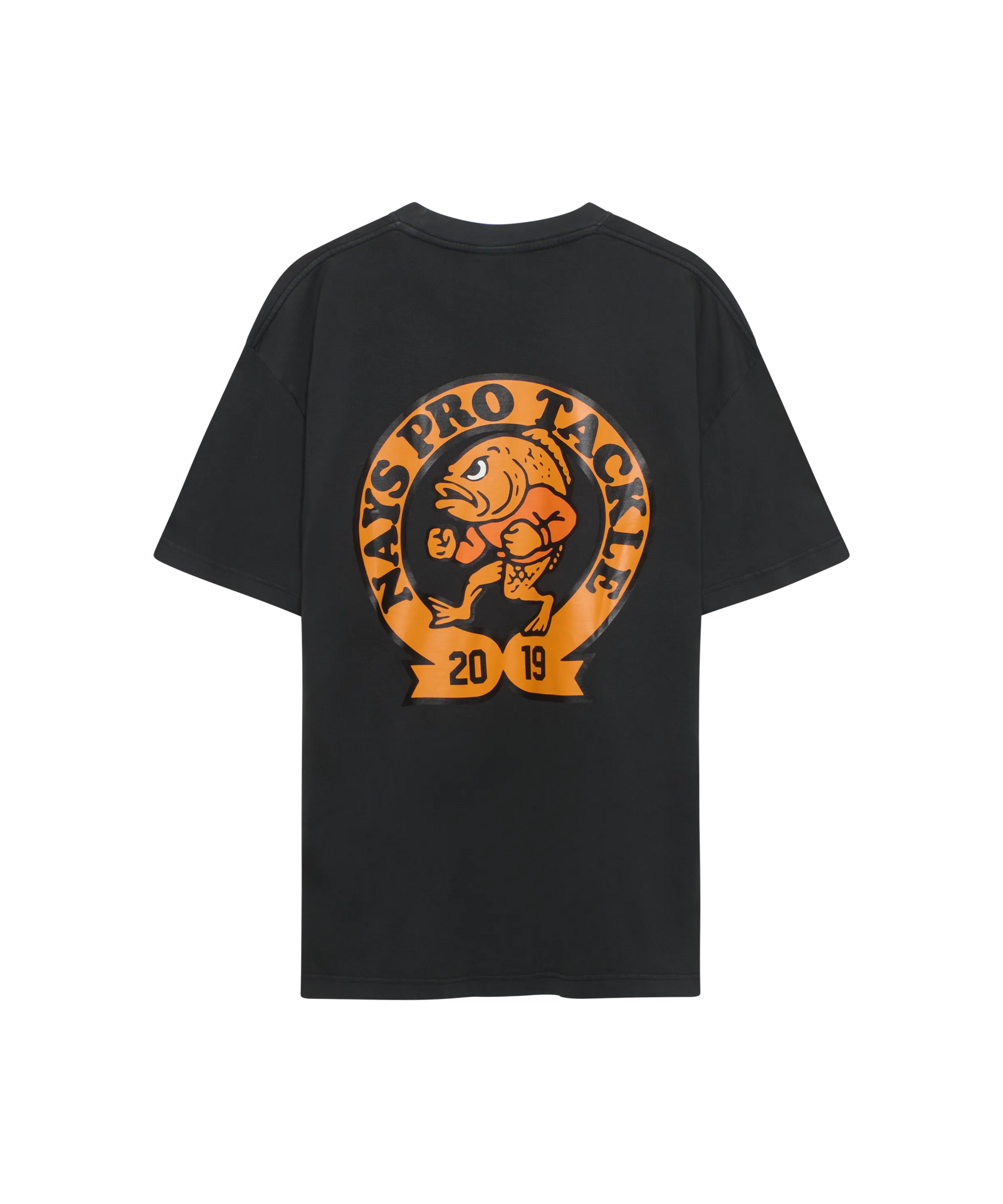 Rückansicht Nays Pro Tackle T-Shirt Dunkelgrau mit großem orangem Logo-Backprint.
