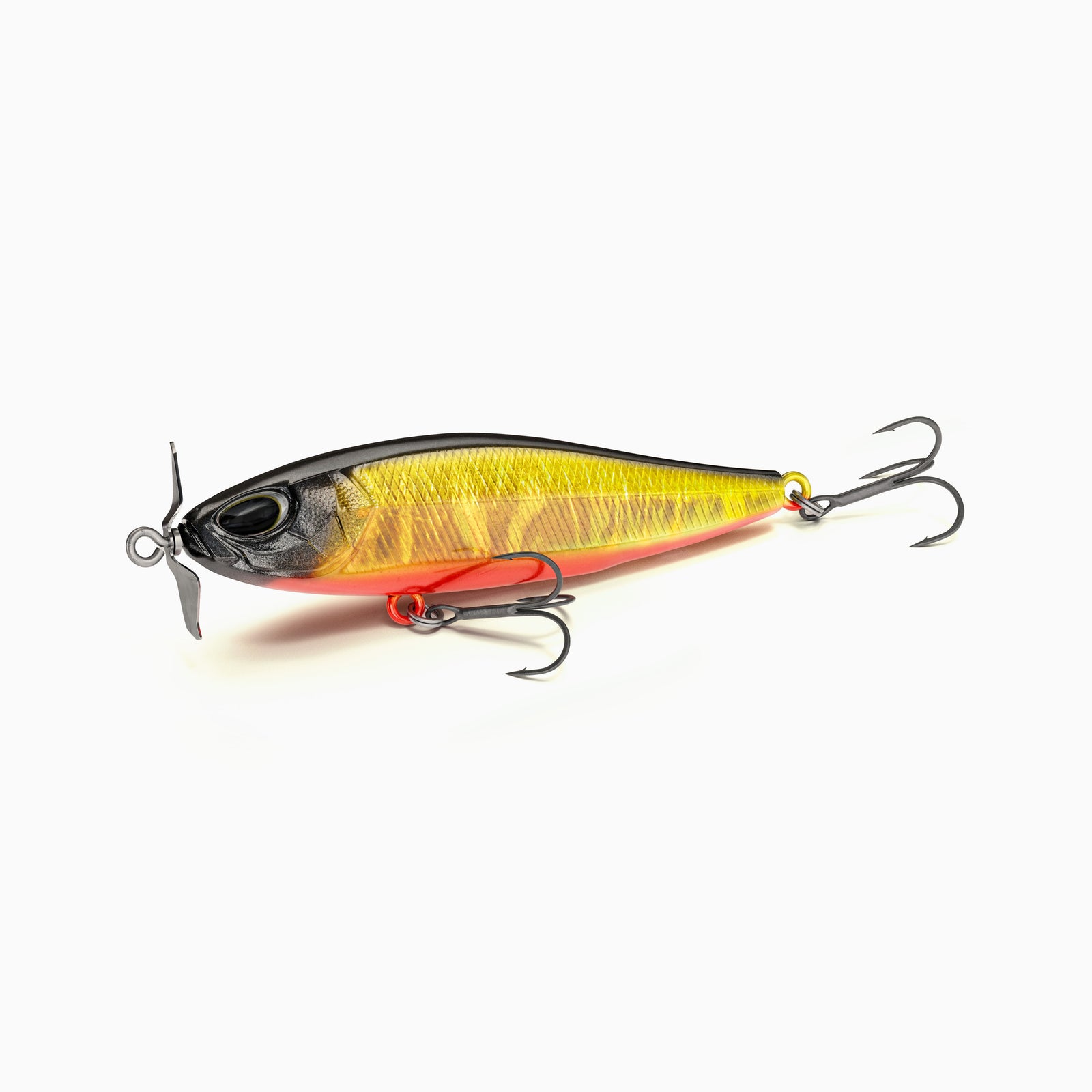 Nays Angelköder Spy-Bait mit Front-Propeller für Mikrovibrationen, schillernd gold-gelb, schwarzer Rücken und roter Bauch.