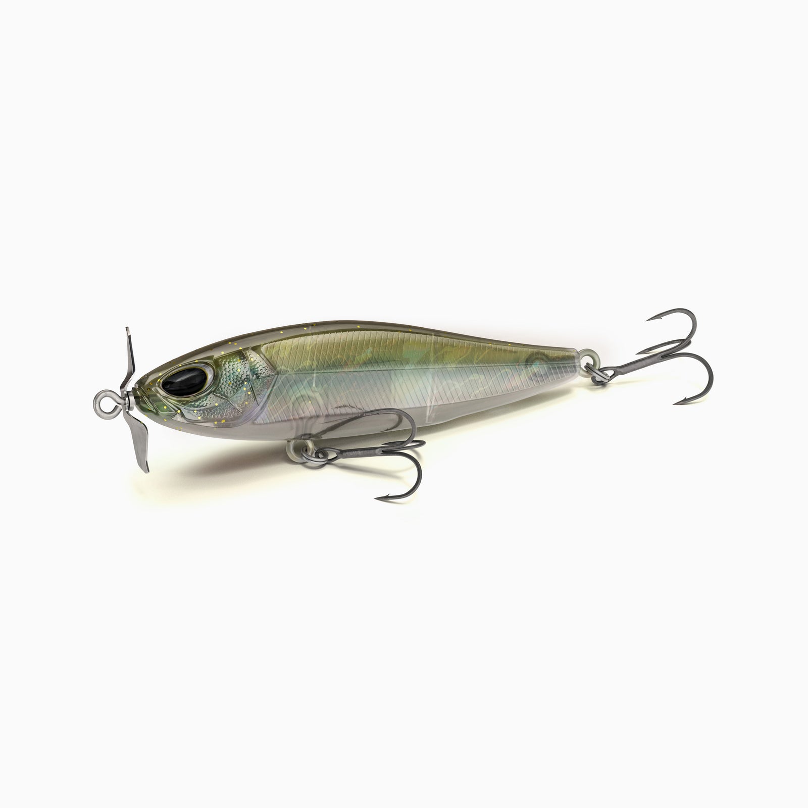 Nays Angelköder Spy-Bait mit Front-Propeller für Mikrovibrationen, semi-transparent, natürliches Beutefisch Dekor.