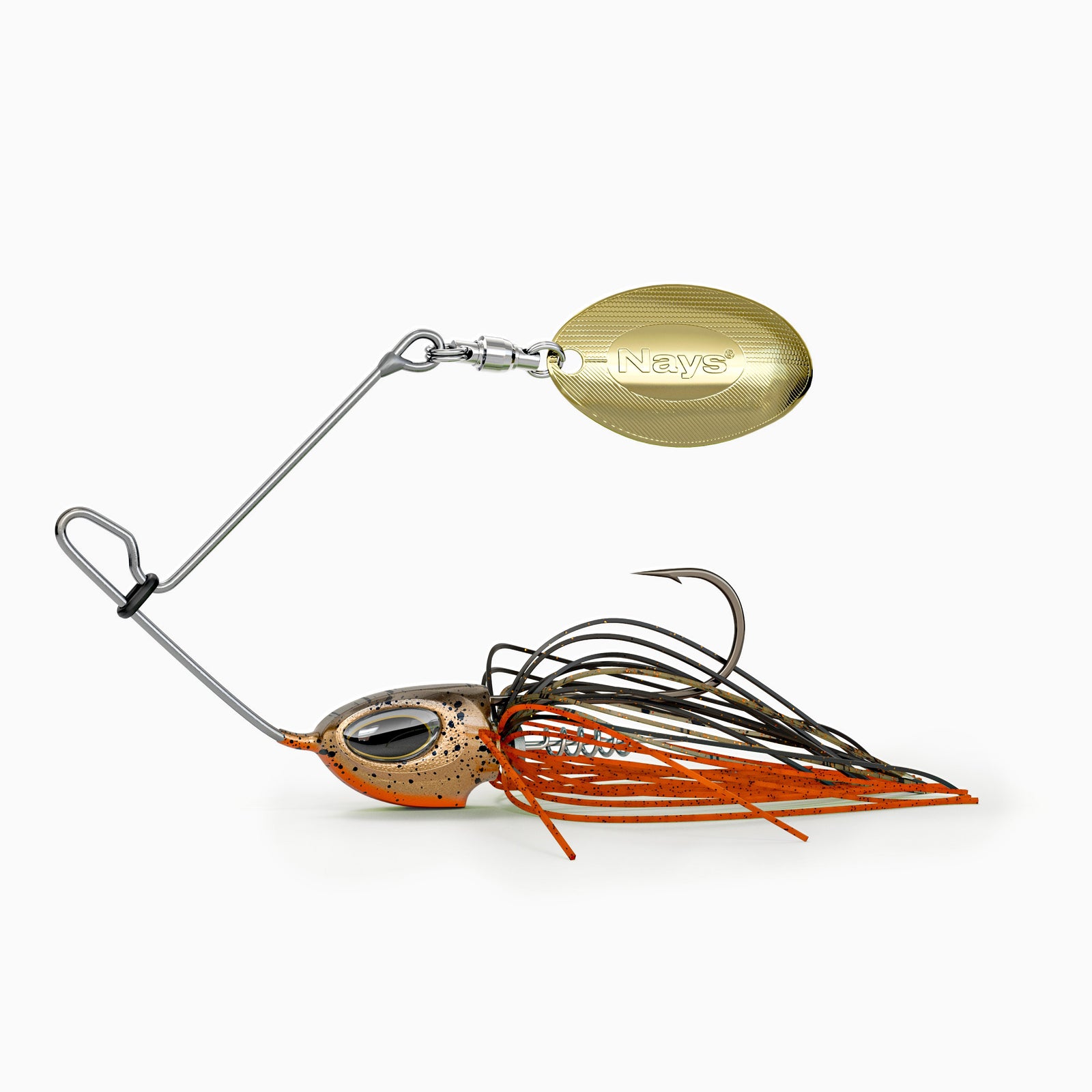 Nays Spinnerbait Angelköder Größe XS in Braun-Orange (Farbcode H04) mit goldenem Spinnerblatt.