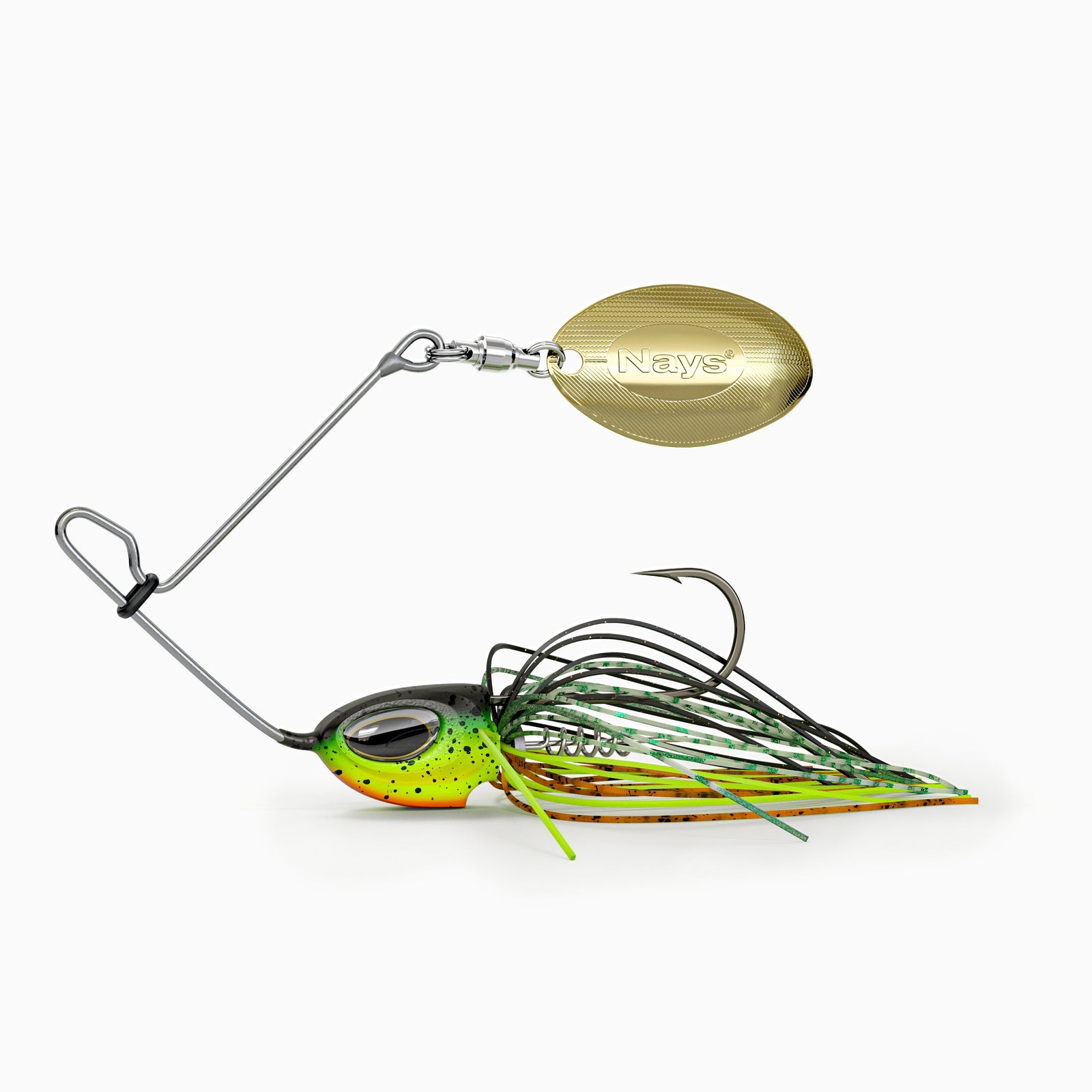 Nays Spinnerbait Angelköder Größe XS in Firetiger-Grün (Farbcode H07) mit goldenem Spinnerblatt.