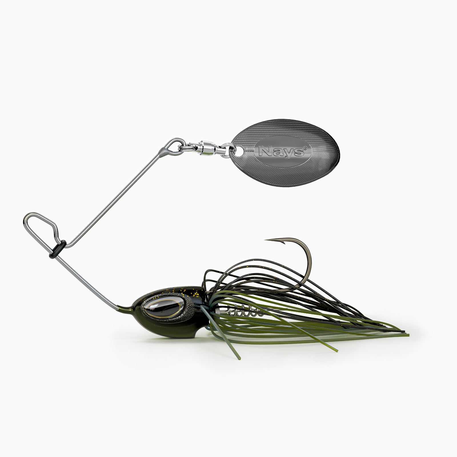 Nays Spinnerbait Angelköder Größe XS in Dunkelgrün-Schwarz (Farbcode H11) mit dunklem Spinnerblatt.