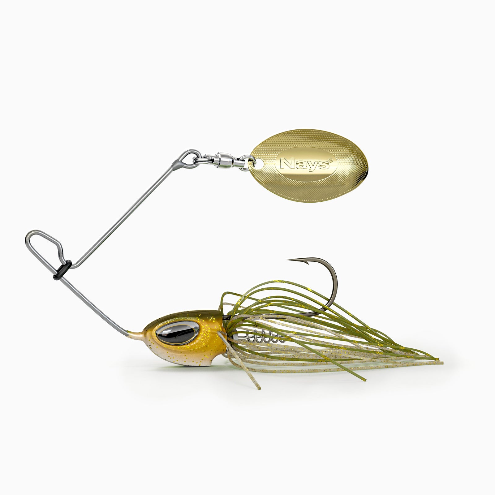 Nays Spinnerbait Angelköder Größe XS in Gold-Grün (Farbcode H12) mit goldenem Spinnerblatt.
