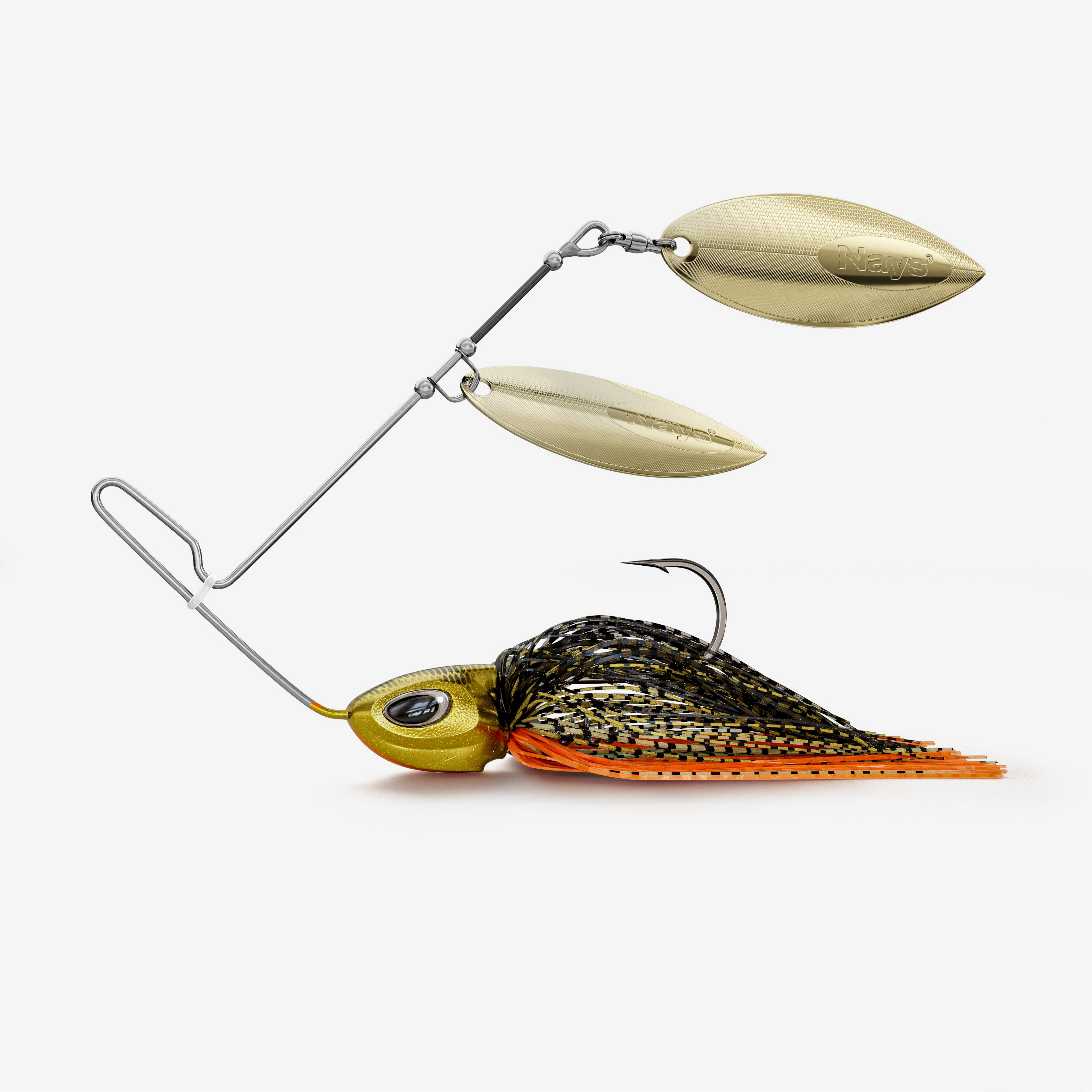 Nays Spinnerbait in Gold, Schwarz, Orange, mit doppeltem Spinnerblatt in gold und Fransen-Skirt.