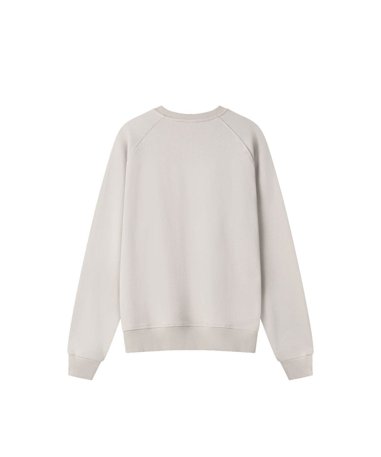 Auf dem Bild ist ein hellgrauer Pullover von hinten zu sehen.