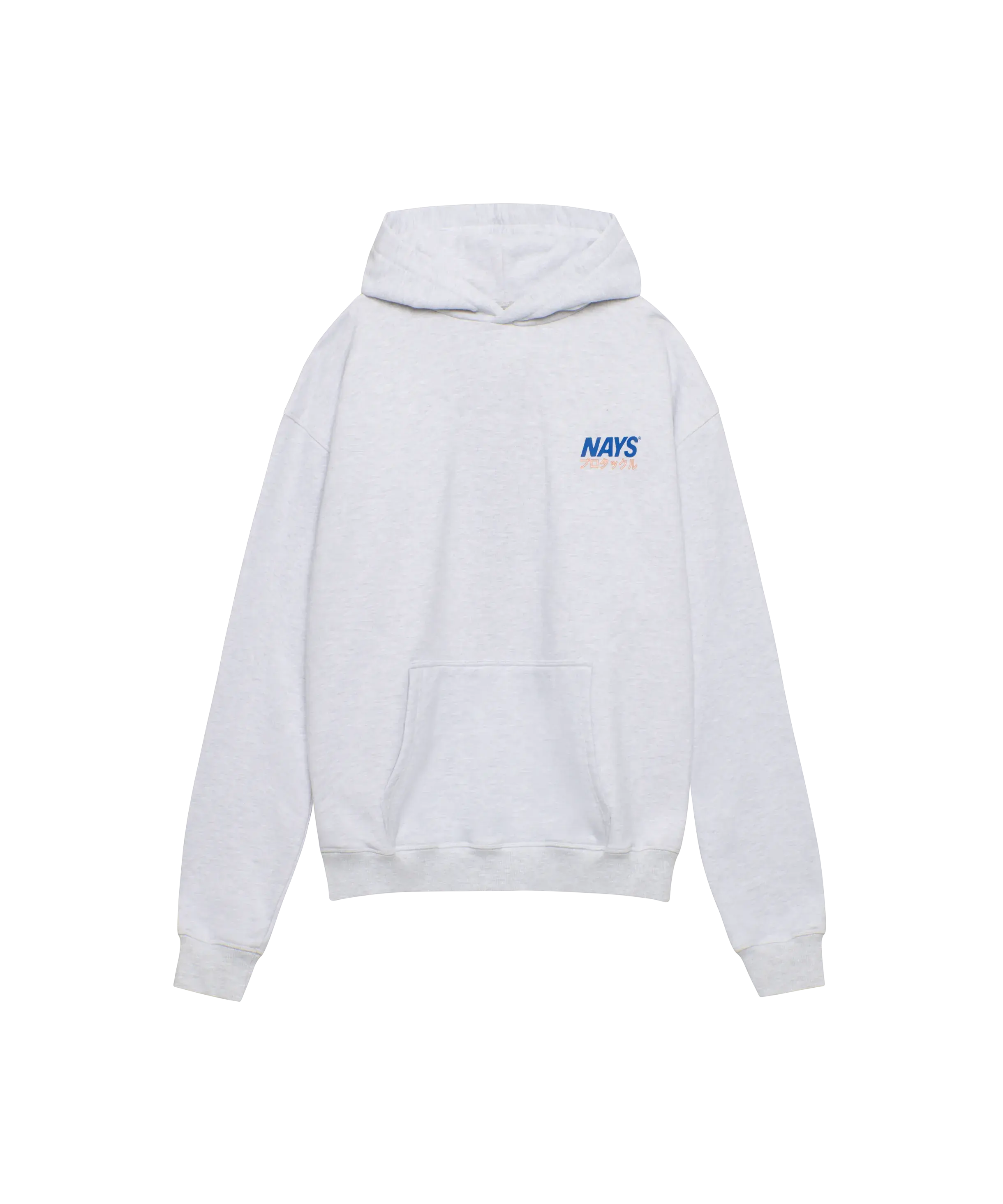 Nays Pro Tackle Kapuzen-Sweatshirt hell-grau mit blauem und orangem Logo-Print auf der Brust.