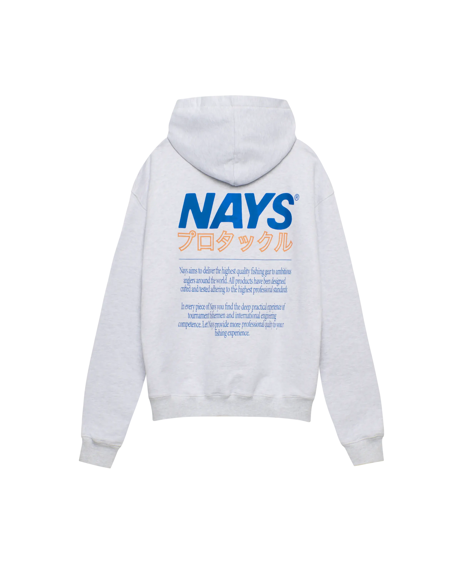 Nays Pro Tackle Kapuzen-Sweatshirt in hell-grau mit großem Back-Print in orange und blau.