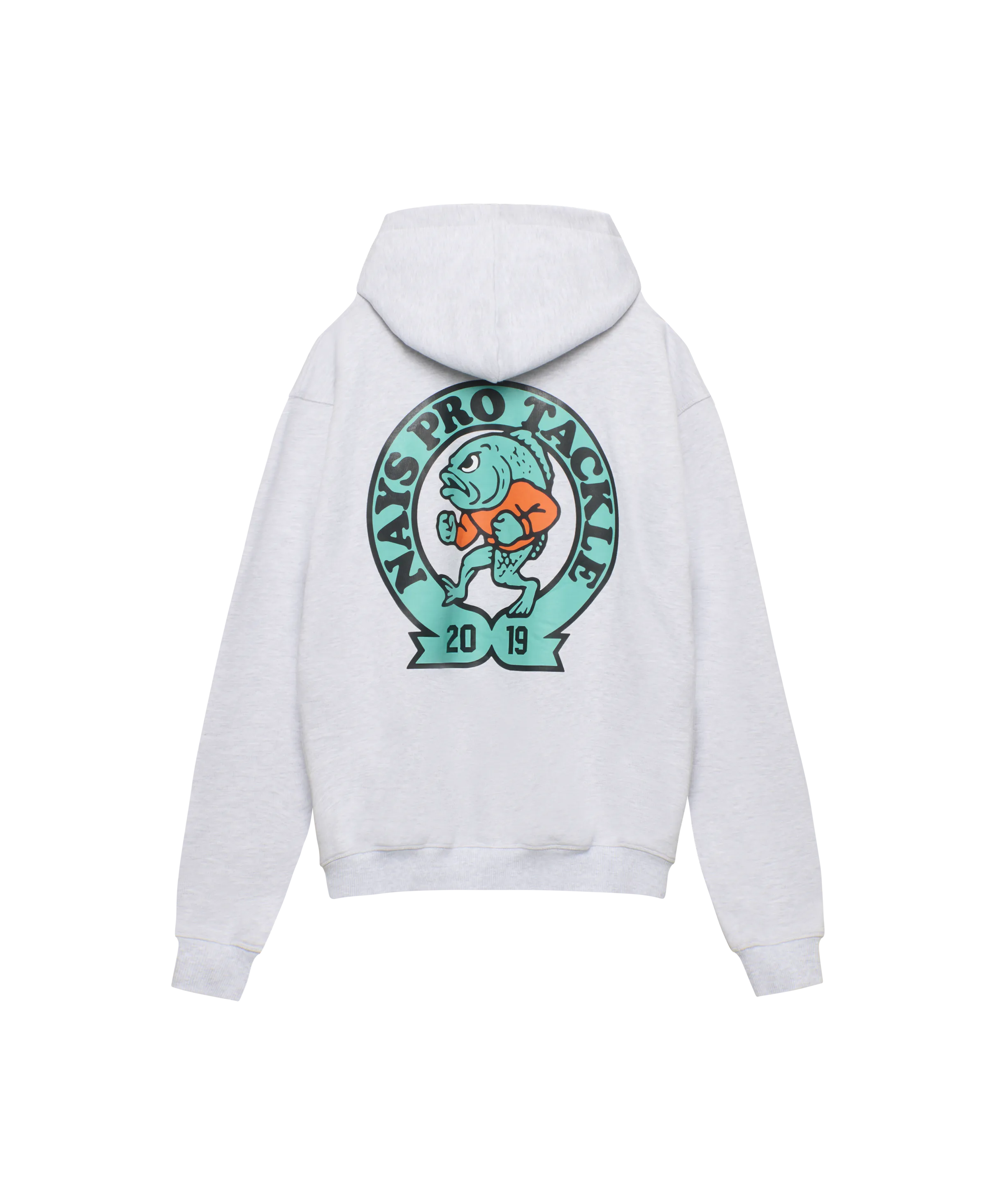 Rückansicht Nays Pro Tackle Hoodie Hellgrau mit großem türkisfarbenem Logo-Print.