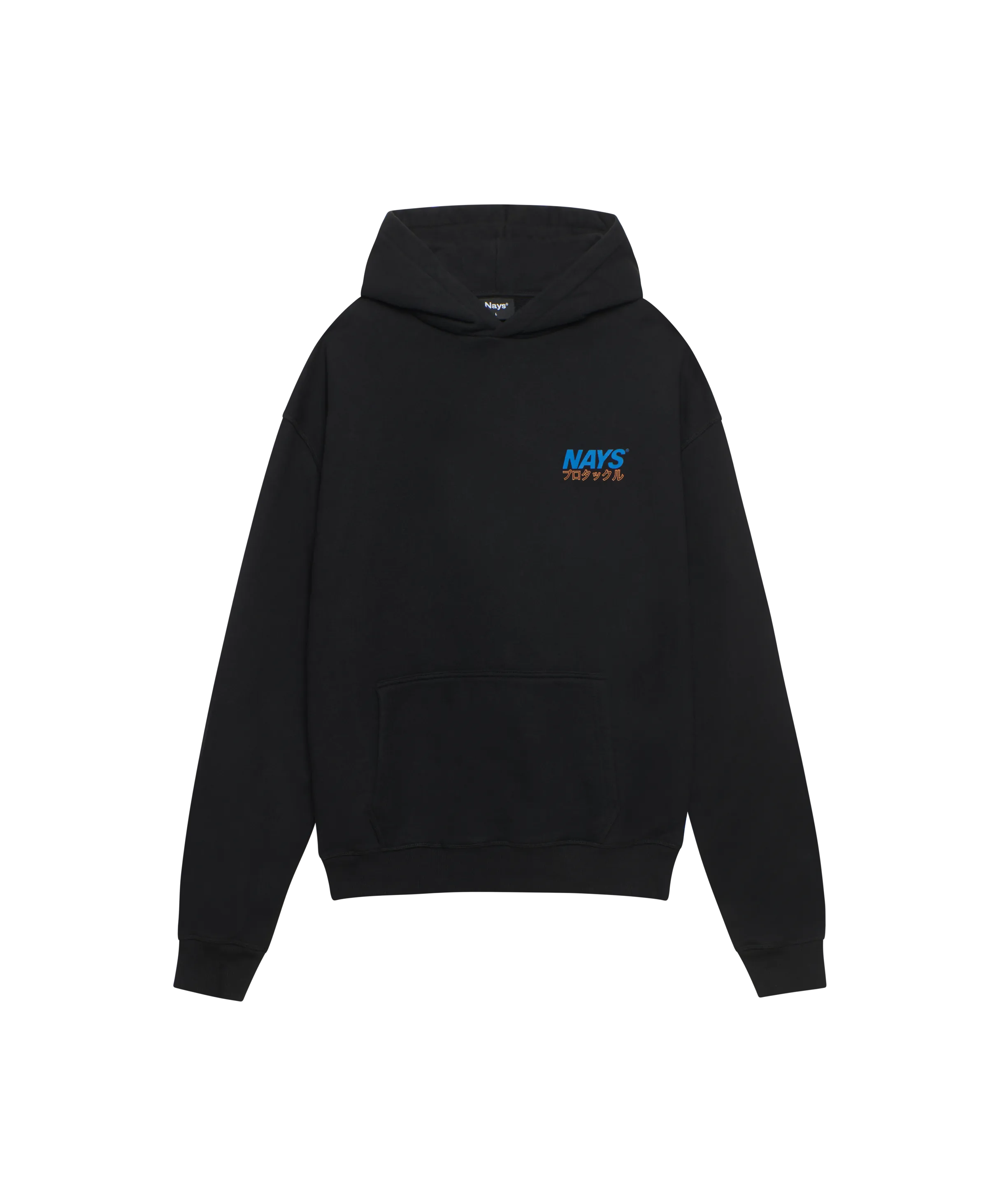 Nays Pro Tackle Kapuzen-Sweatshirt mit blauem und orangem Logo-Print auf der Brust.