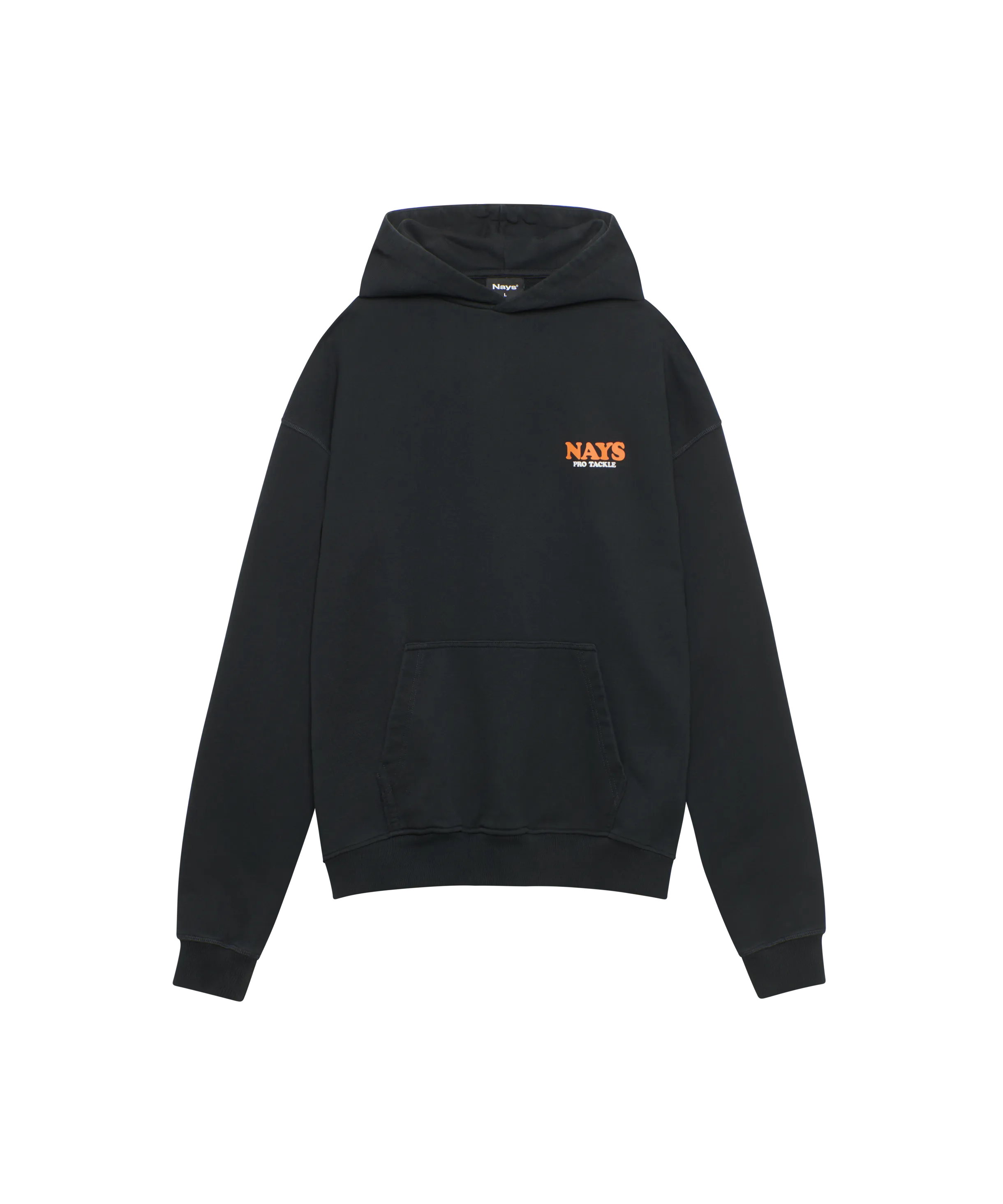Nays Pro Tackle Hoodie in Schwarz mit orangem Logo-Print auf der linken Brust.