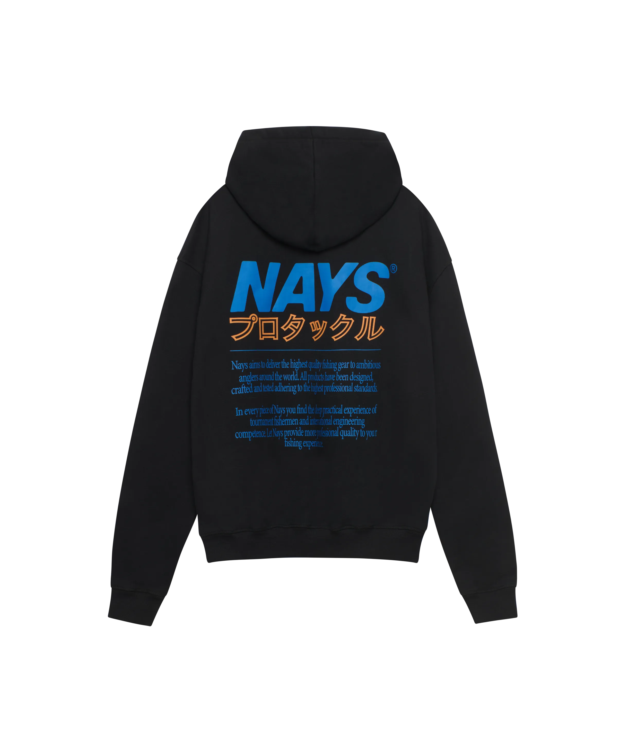 Nays Pro Tackle Kapuzen-Sweatshirt schwarz mit großem Back-Print in orange und blau.