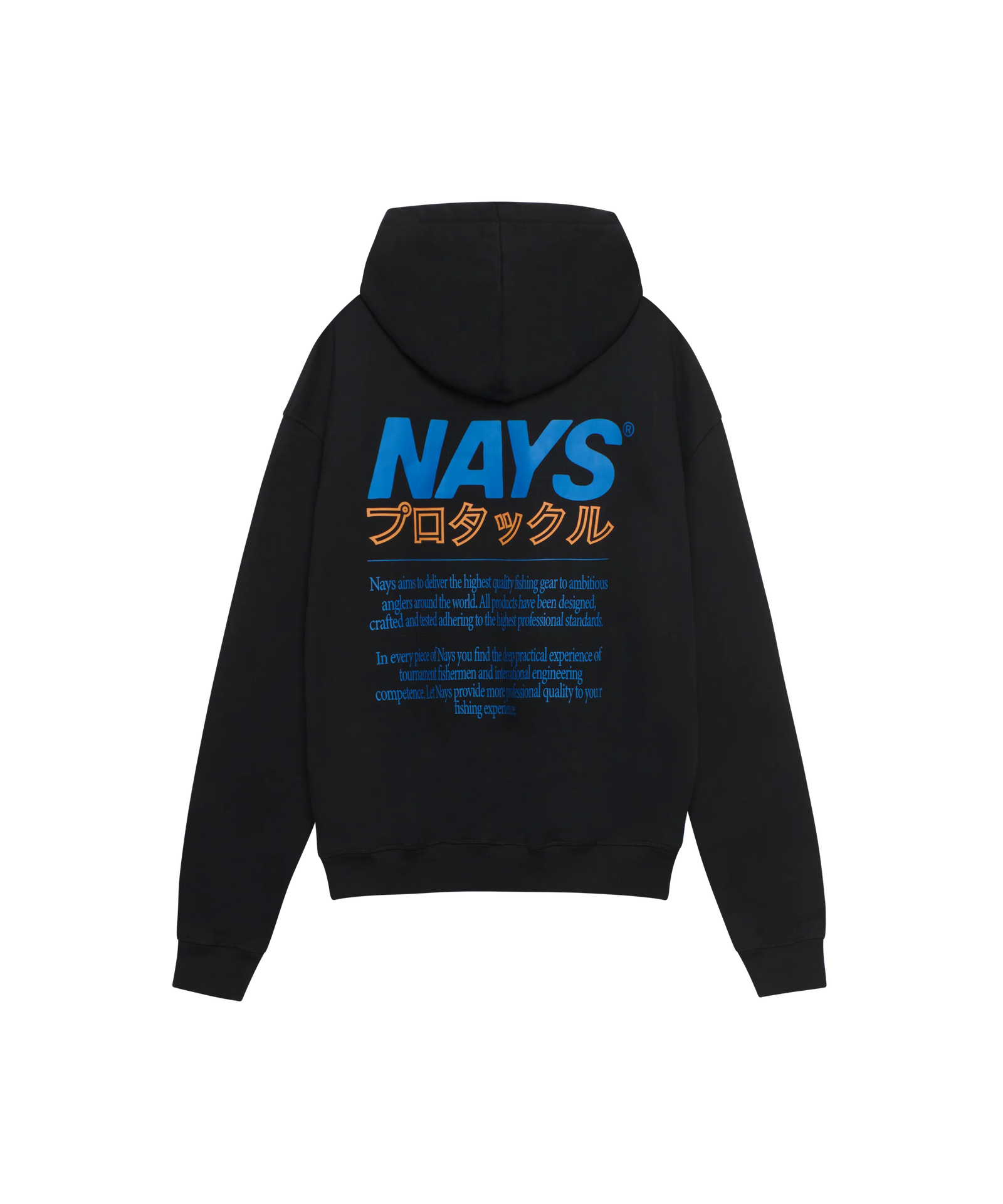 Nays Pro Tackle Kapuzen-Sweatshirt schwarz mit großem Back-Print in orange und blau.