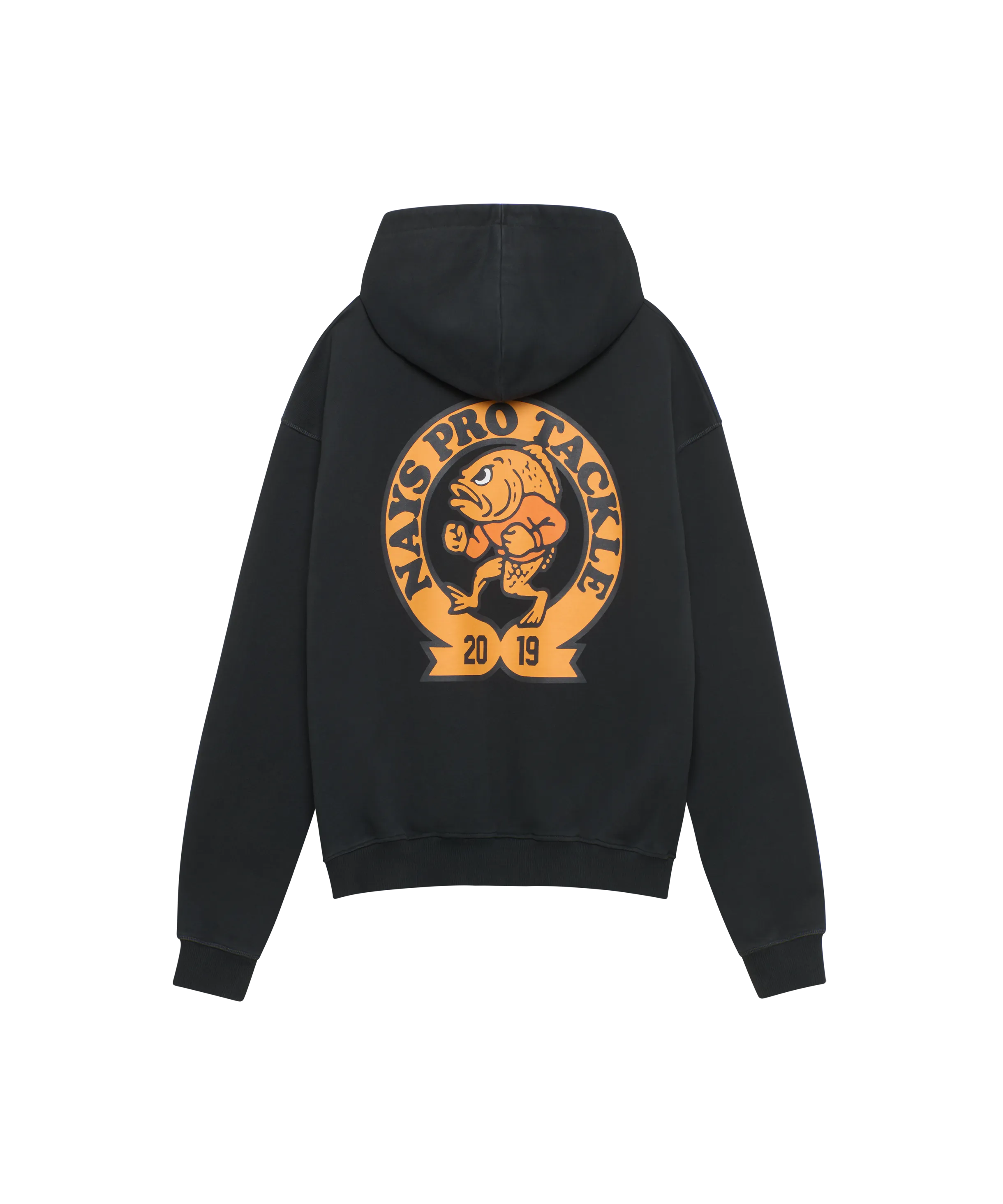 Schwarzer Nays Pro Tackle Hoodie Rückseite mit großem orangem Logo-Backprint.