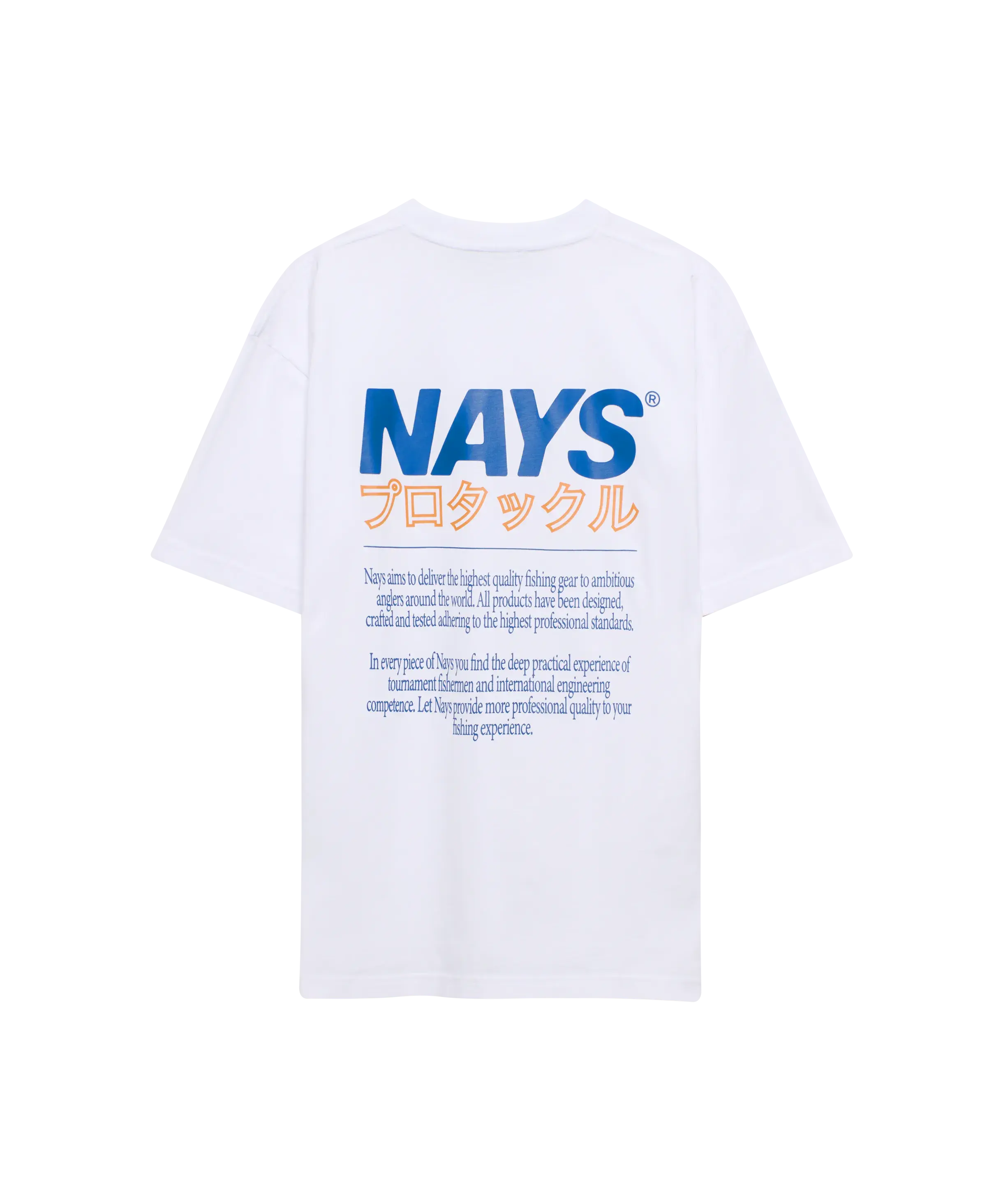Nays Pro Tackle T-Shirt in weiss mit großem Back-Print in orange und blau.