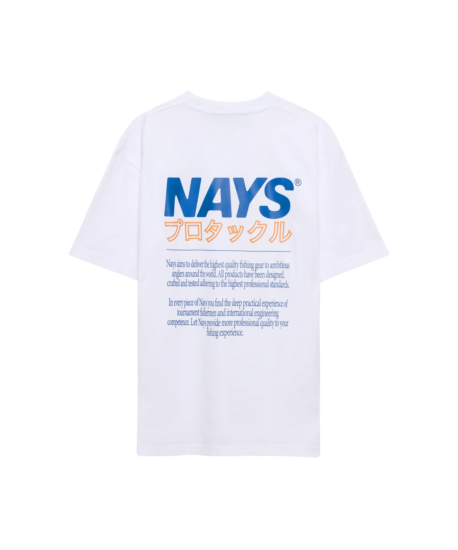 Nays Pro Tackle T-Shirt in weiss mit großem Back-Print in orange und blau.