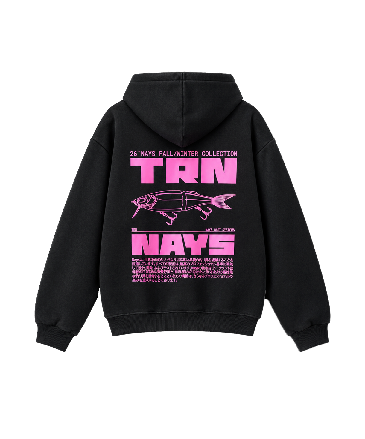Schwarzer Herren-Hoodie, Rückansicht mit knallpinkem Nays TRN Baits Köder-Print.