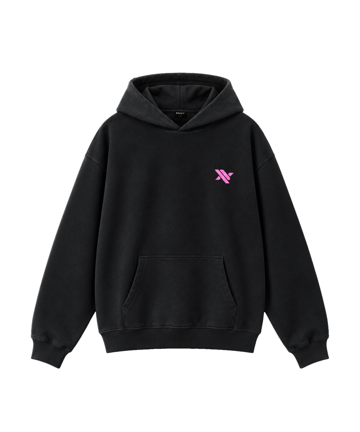 Schwarzer Kapuzenpullover für Herren, Vorderansicht mit pinkem Nays-Logo auf der linken Brust und Kängurutasche.