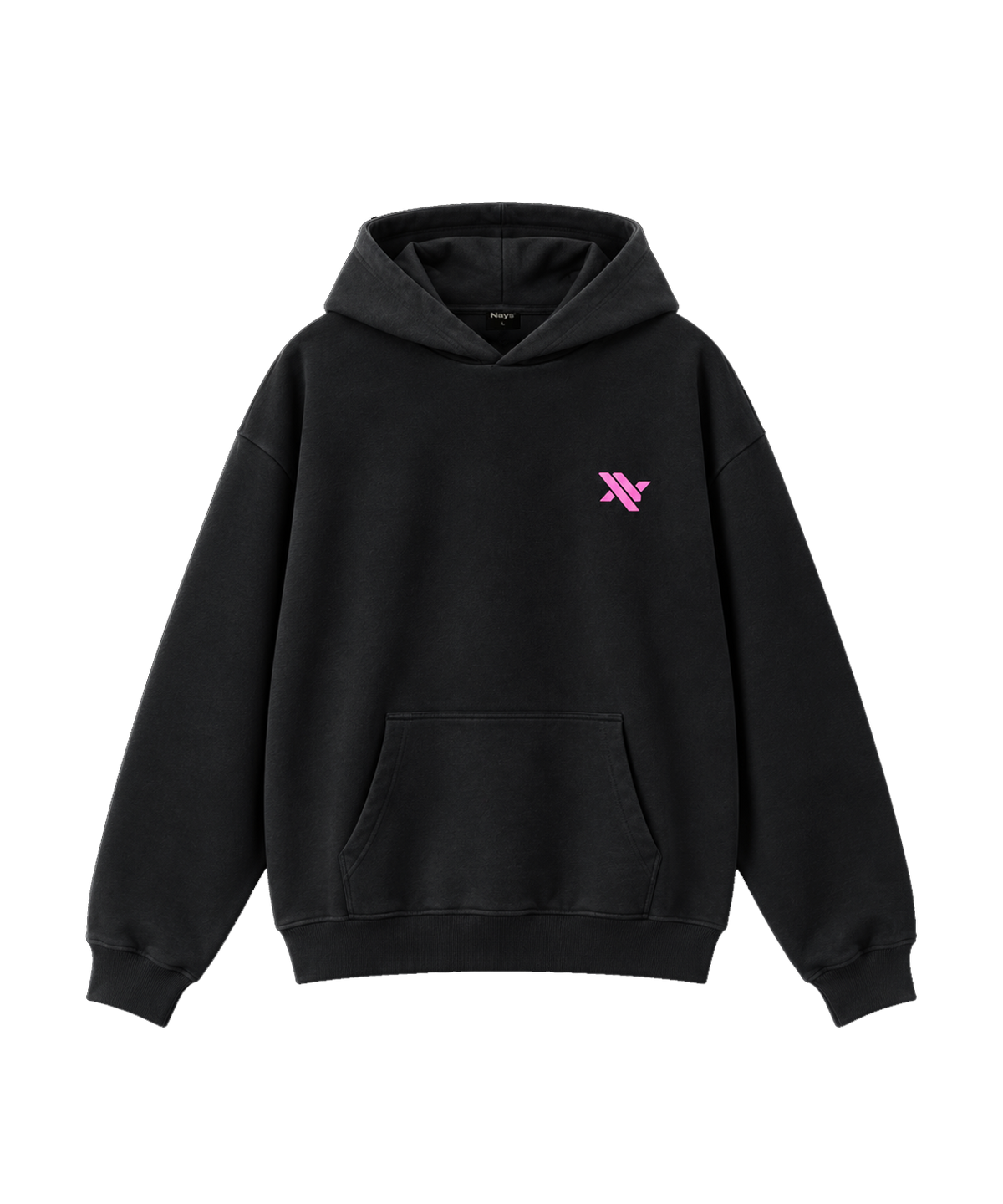 Schwarzer Kapuzenpullover für Herren, Vorderansicht mit pinkem Nays-Logo auf der linken Brust und Kängurutasche.