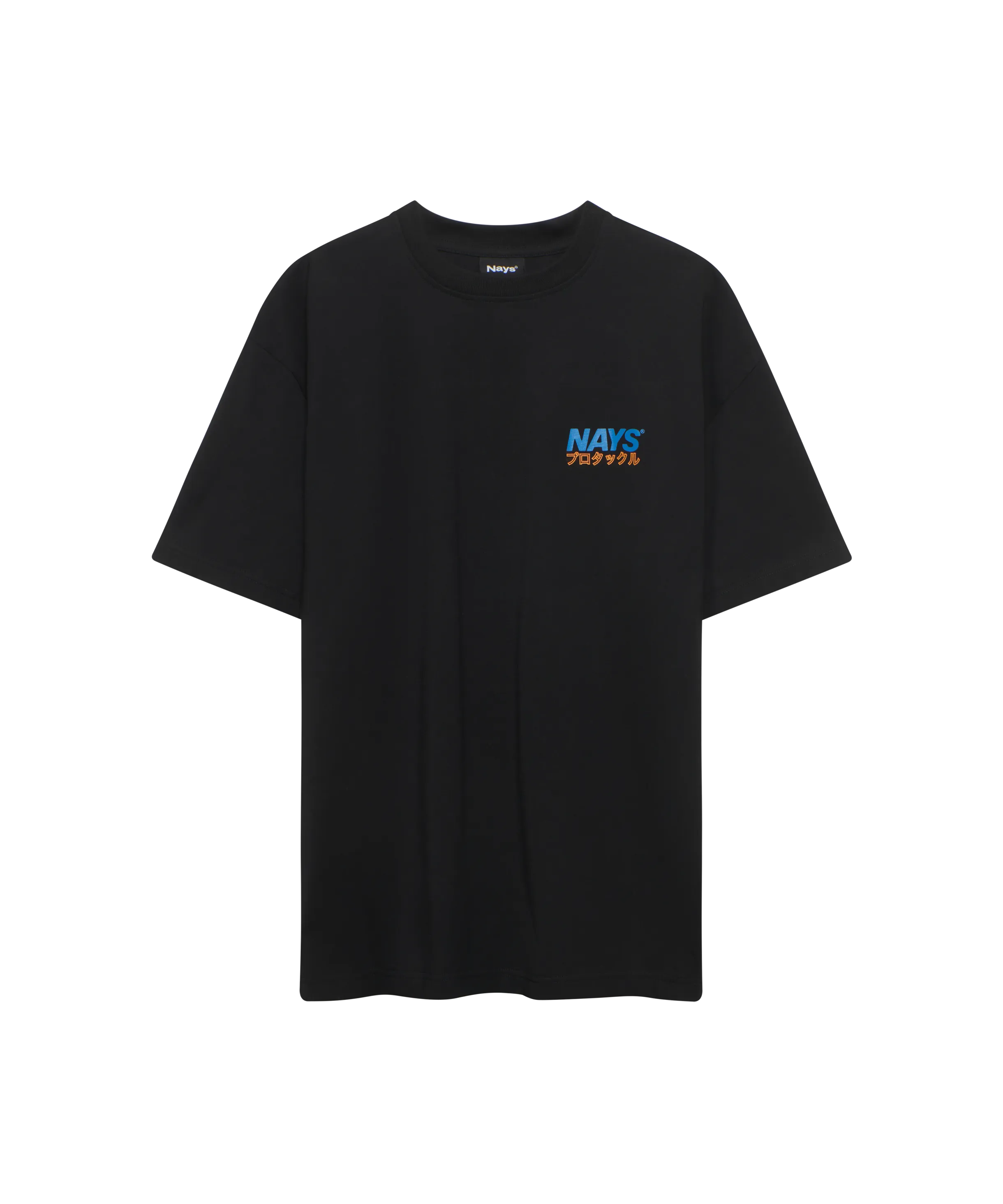 Nays Pro Tackle T-Shirt dunkel-grau mit blauem und orangem Logo-Print auf der Brust.