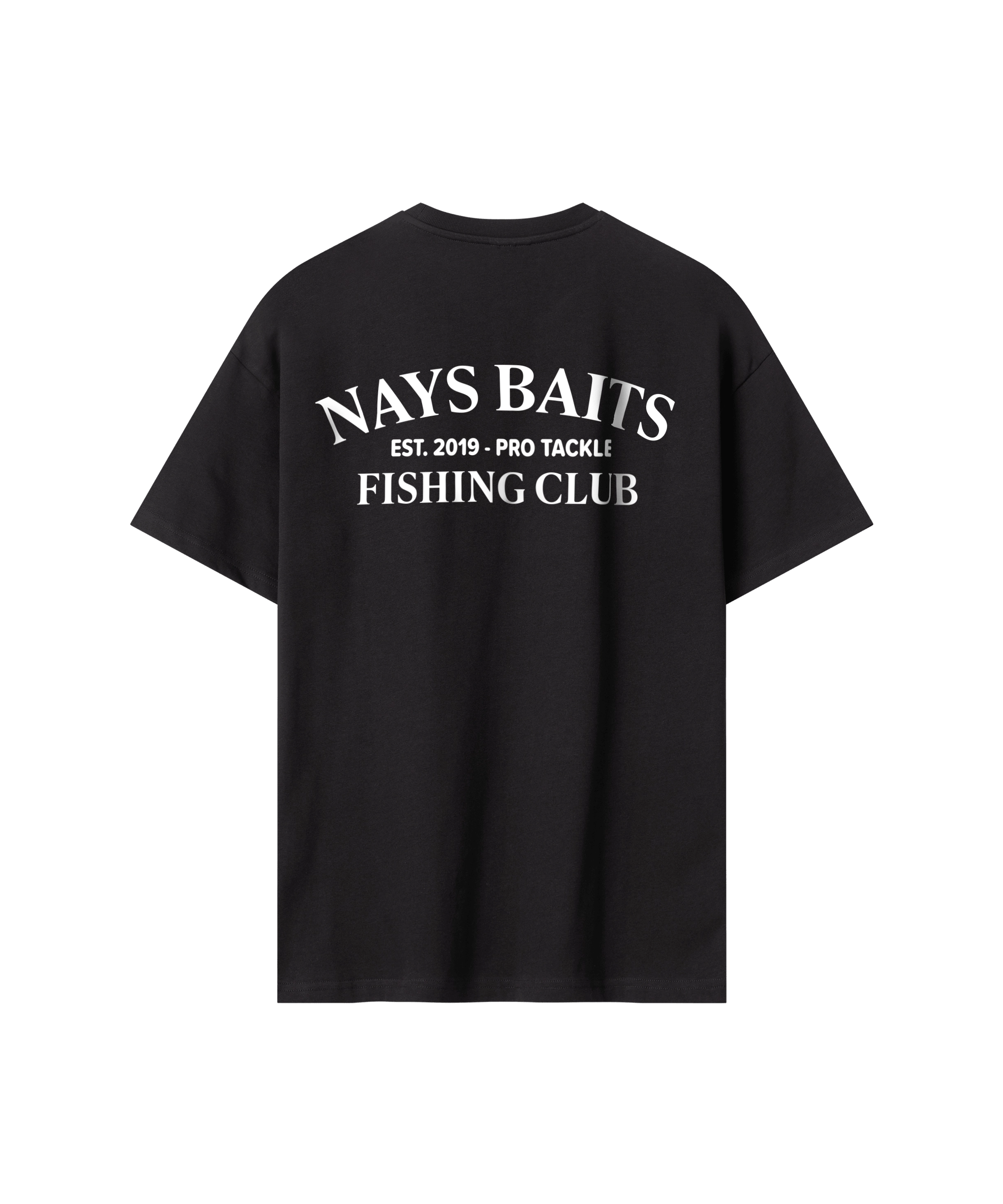 Schwarzes Nays Baits Fishing Club T-Shirt – Rückansicht mit großem weißen Logo-Aufdruck.