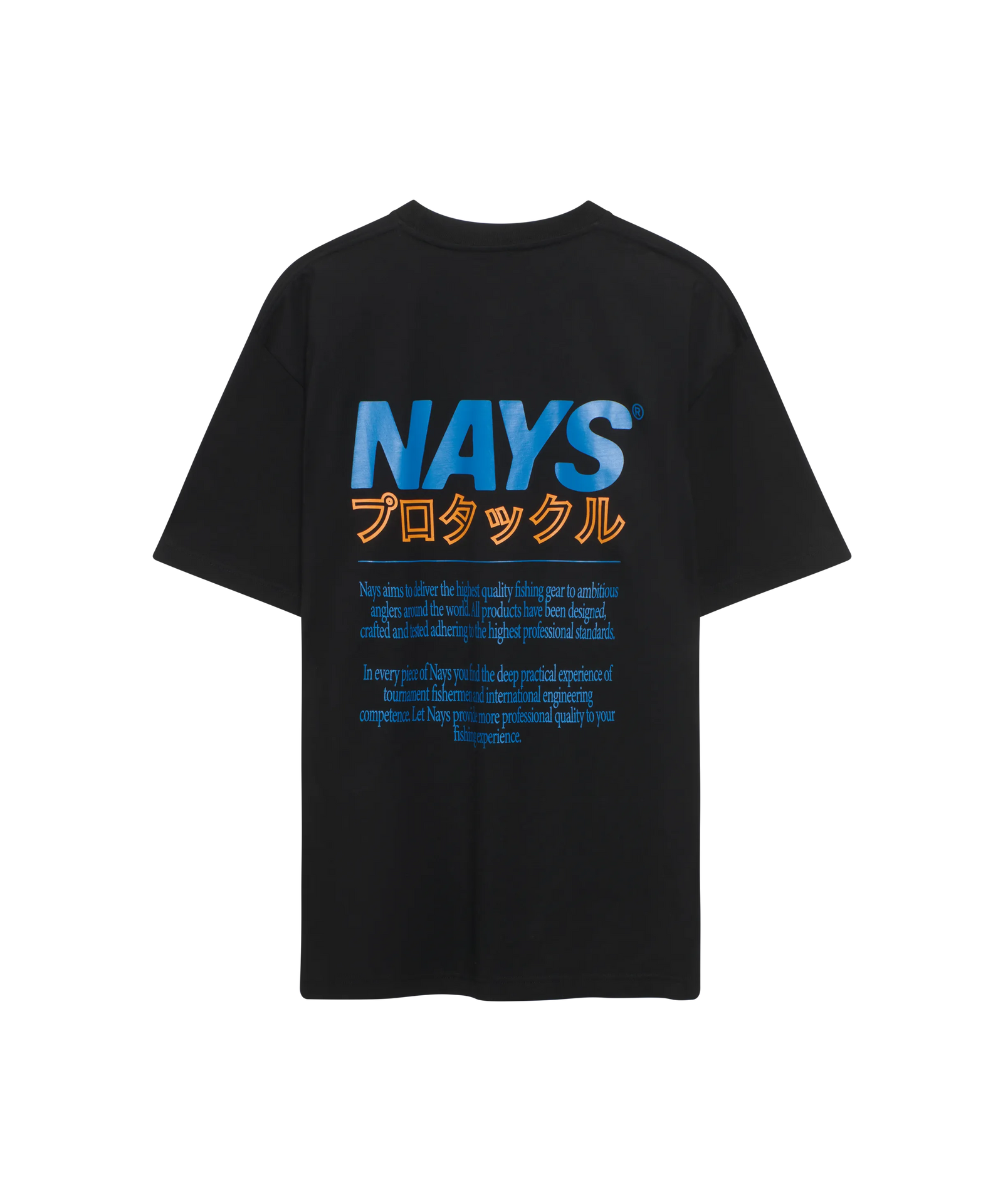 Nays Pro Tackle T-Shirt schwarz mit großem Back-Print in orange und blau.
