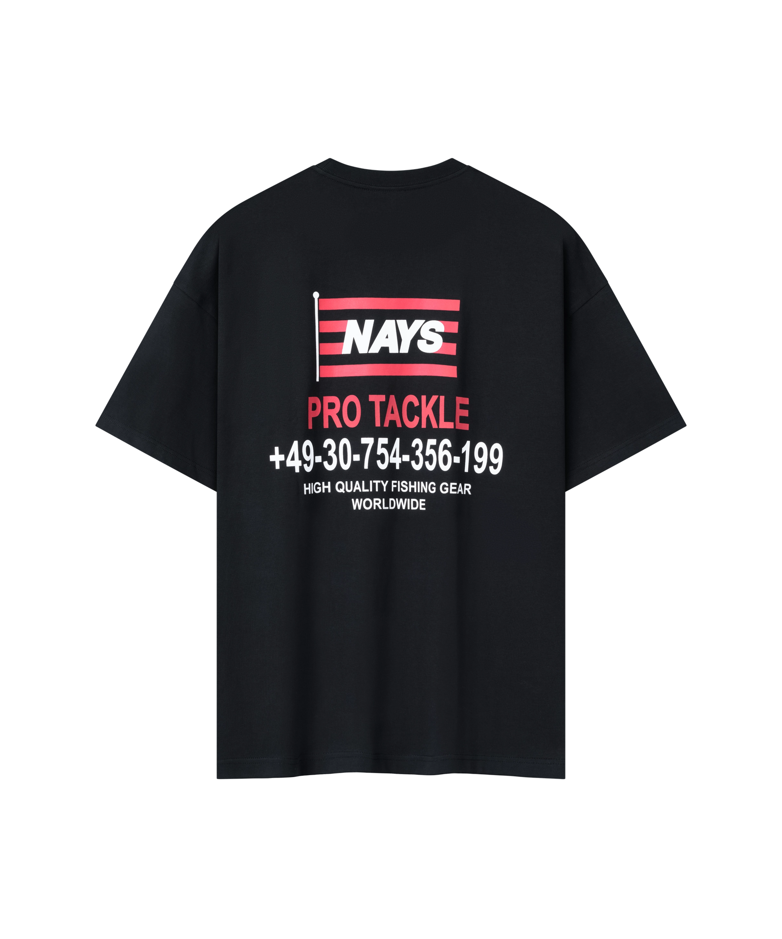 Nays Worldwide T-Shirt Schwarz Rückansicht mit Pro Tackle Telefonnummer-Print.