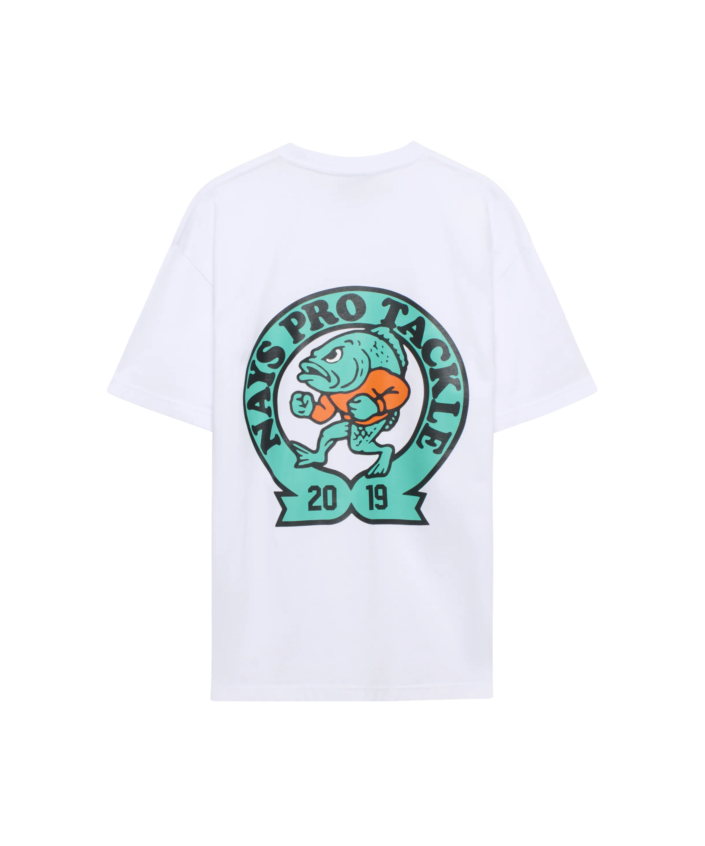 Weißes Nays Pro Tackle T-Shirt Rückseite mit großem Logo-Print in Türkis.