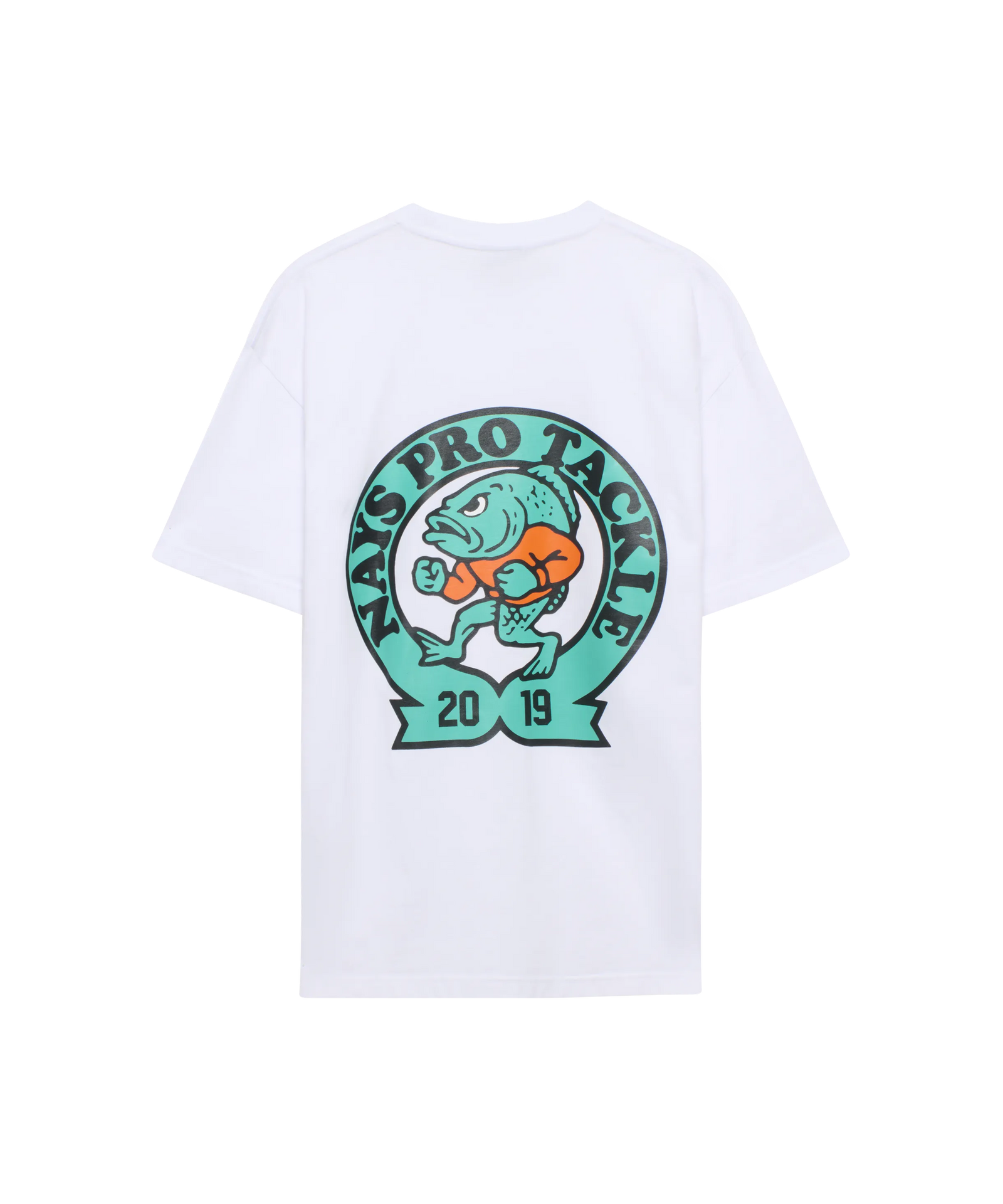 Weißes Nays Pro Tackle T-Shirt Rückseite mit großem Logo-Print in Türkis.