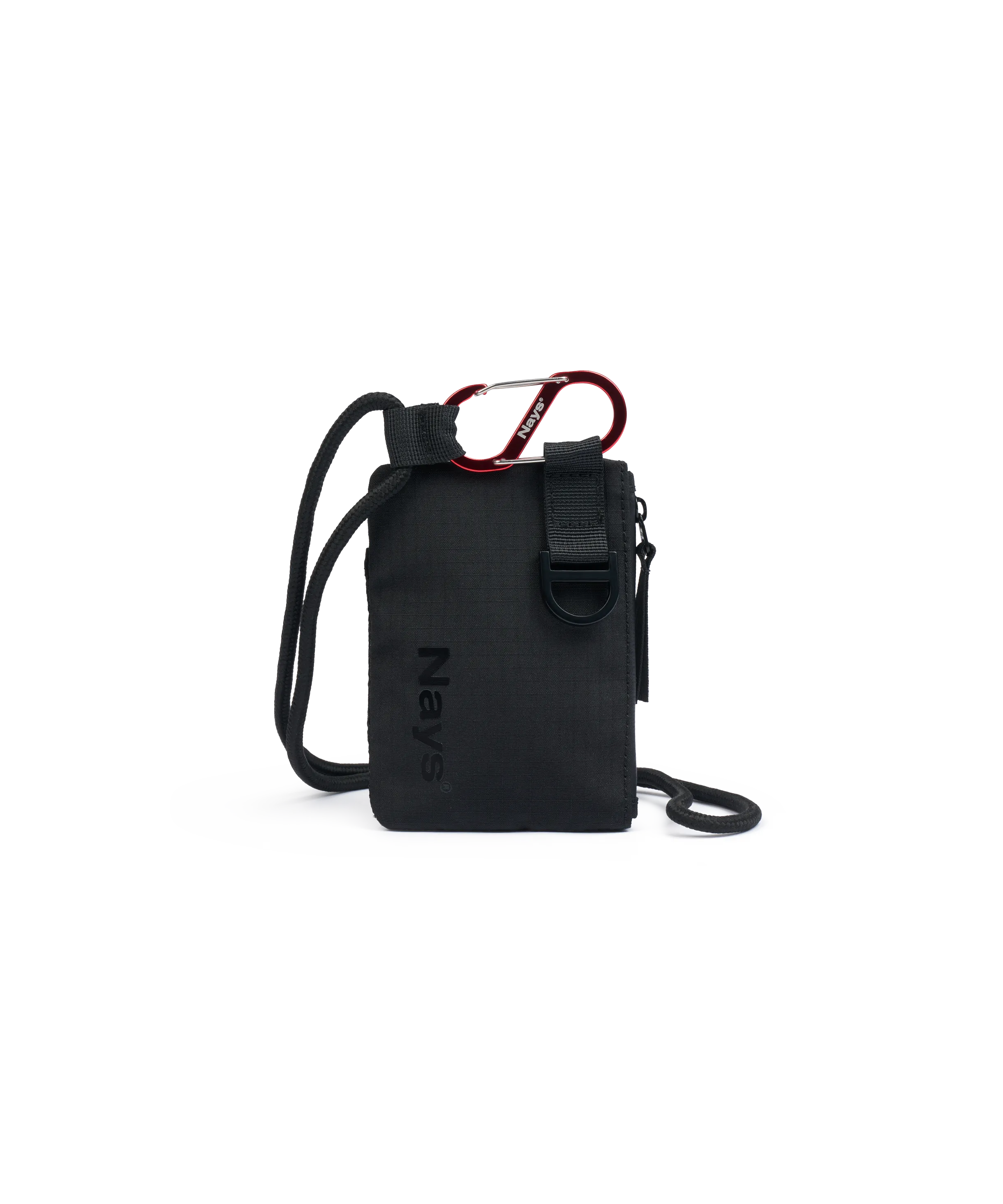 Weitere Ansicht Schwarzes Nays Wallet mit Umhängekordel und rotem S-Karabiner zur Befestigung.