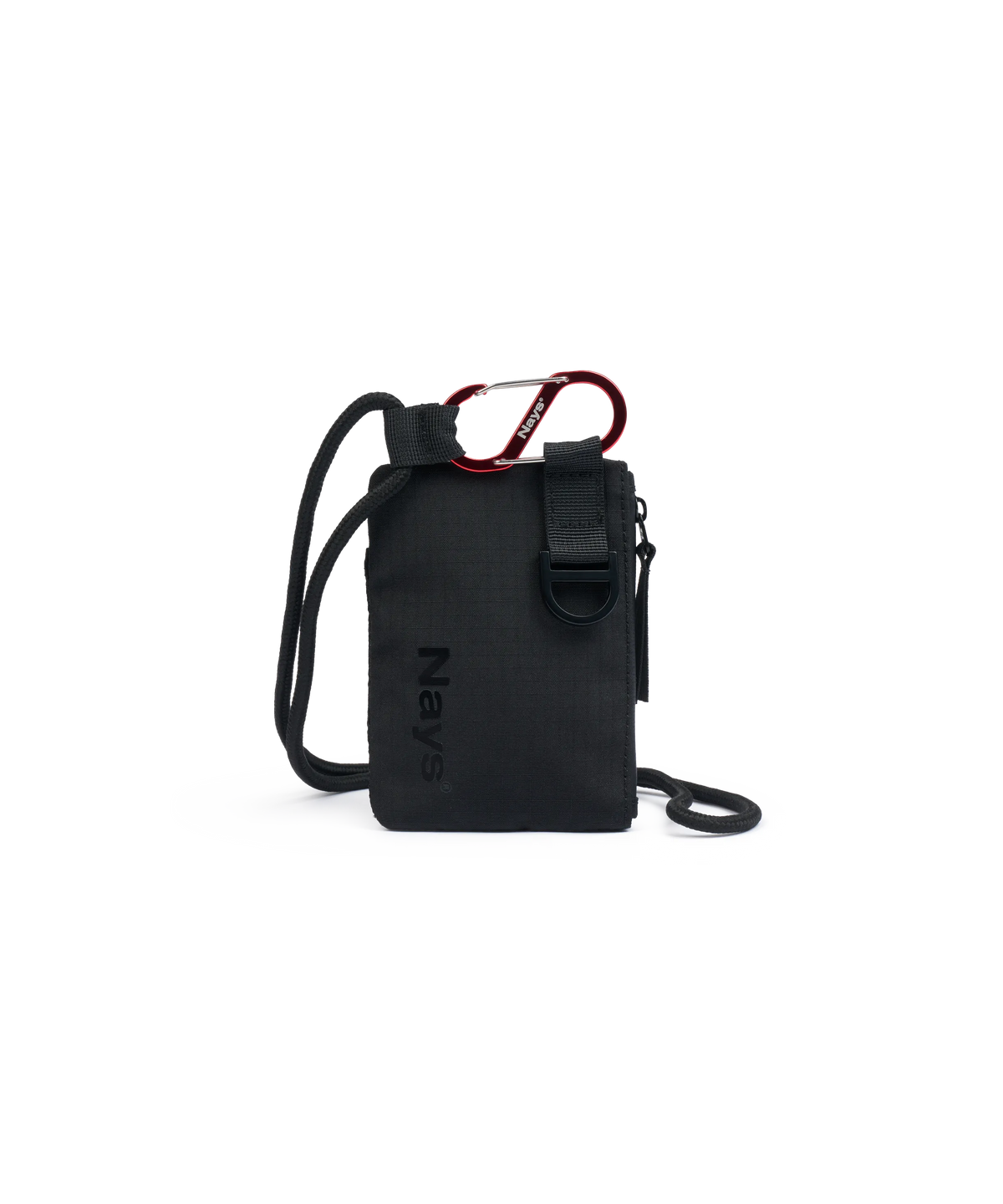 Weitere Ansicht Schwarzes Nays Wallet mit Umhängekordel und rotem S-Karabiner zur Befestigung.