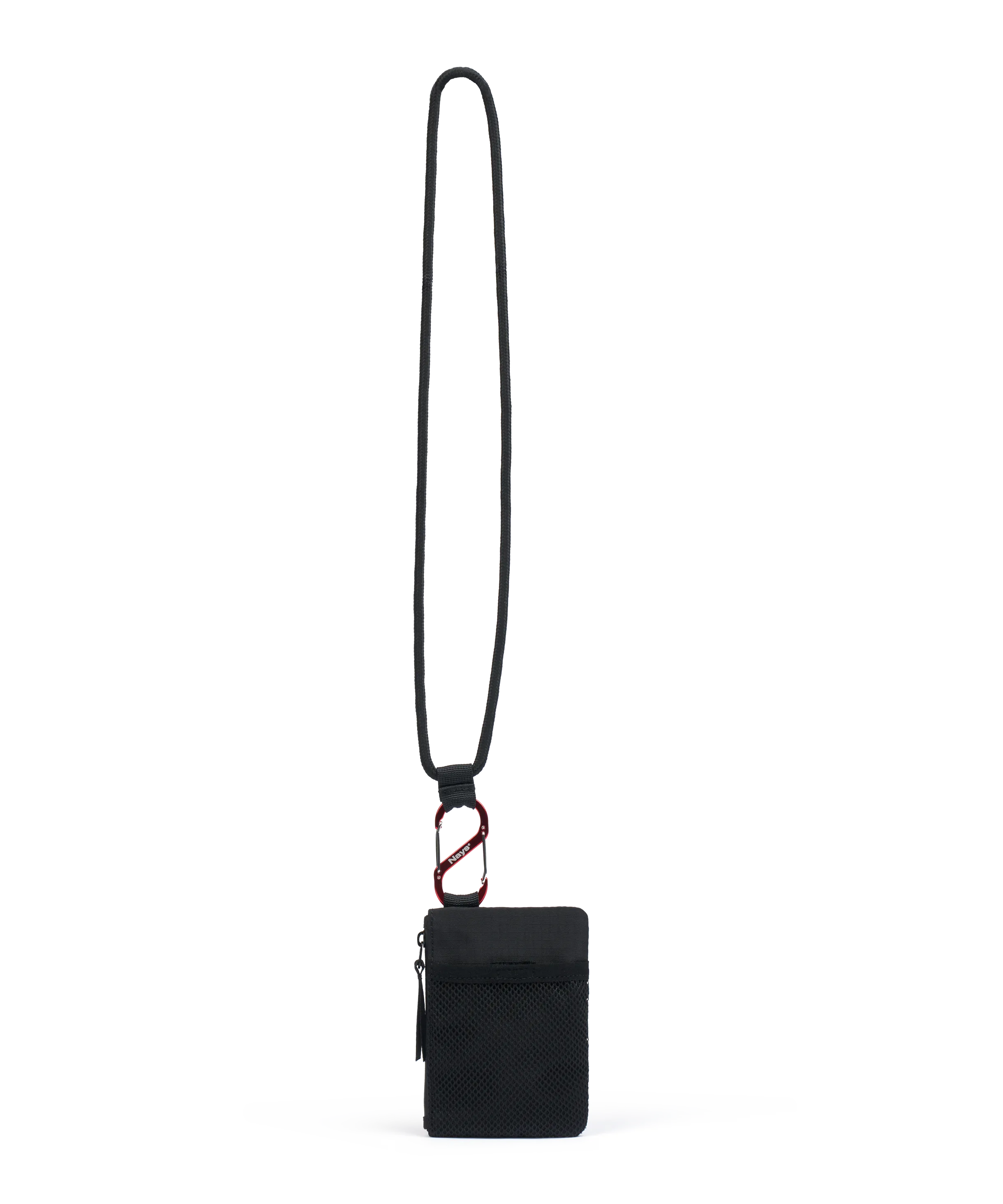 Rückansicht Schwarzes Nays Wallet mit Umhängekordel und rotem S-Karabiner zur Befestigung.