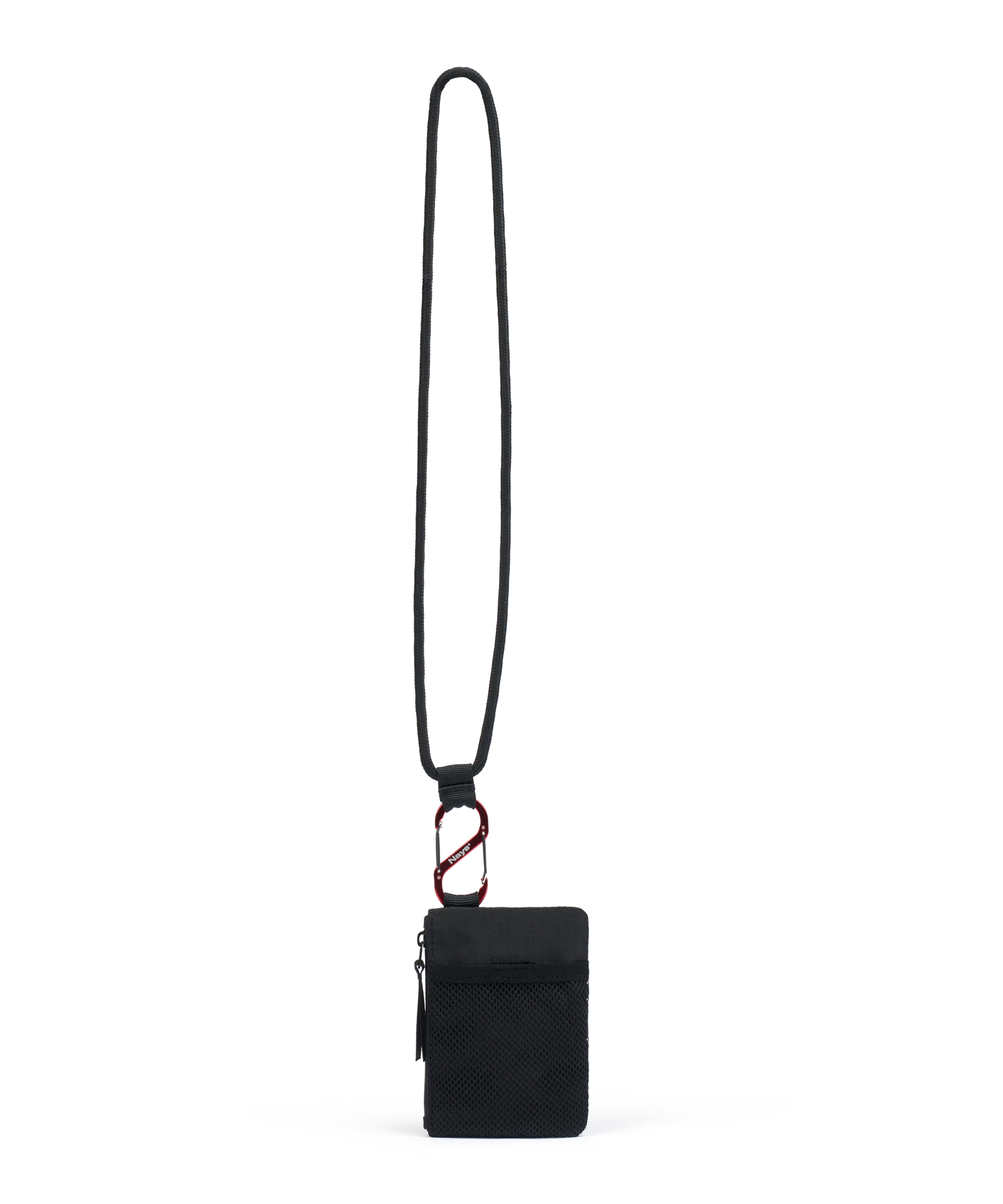 Rückansicht Schwarzes Nays Wallet mit Umhängekordel und rotem S-Karabiner zur Befestigung.