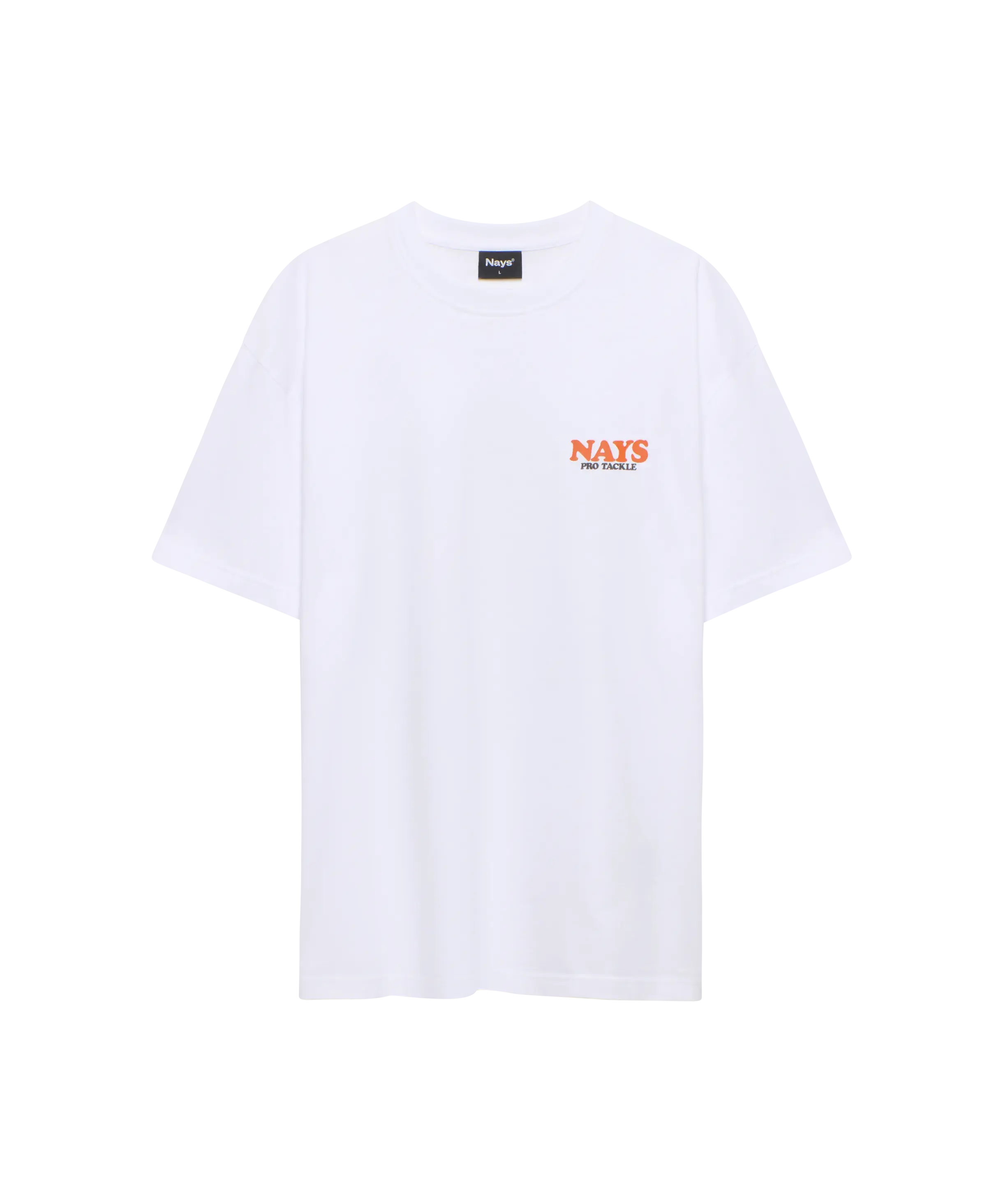 Nays Pro Tackle T-Shirt Weiß mit orangem Logo-Print auf der linken Brust.