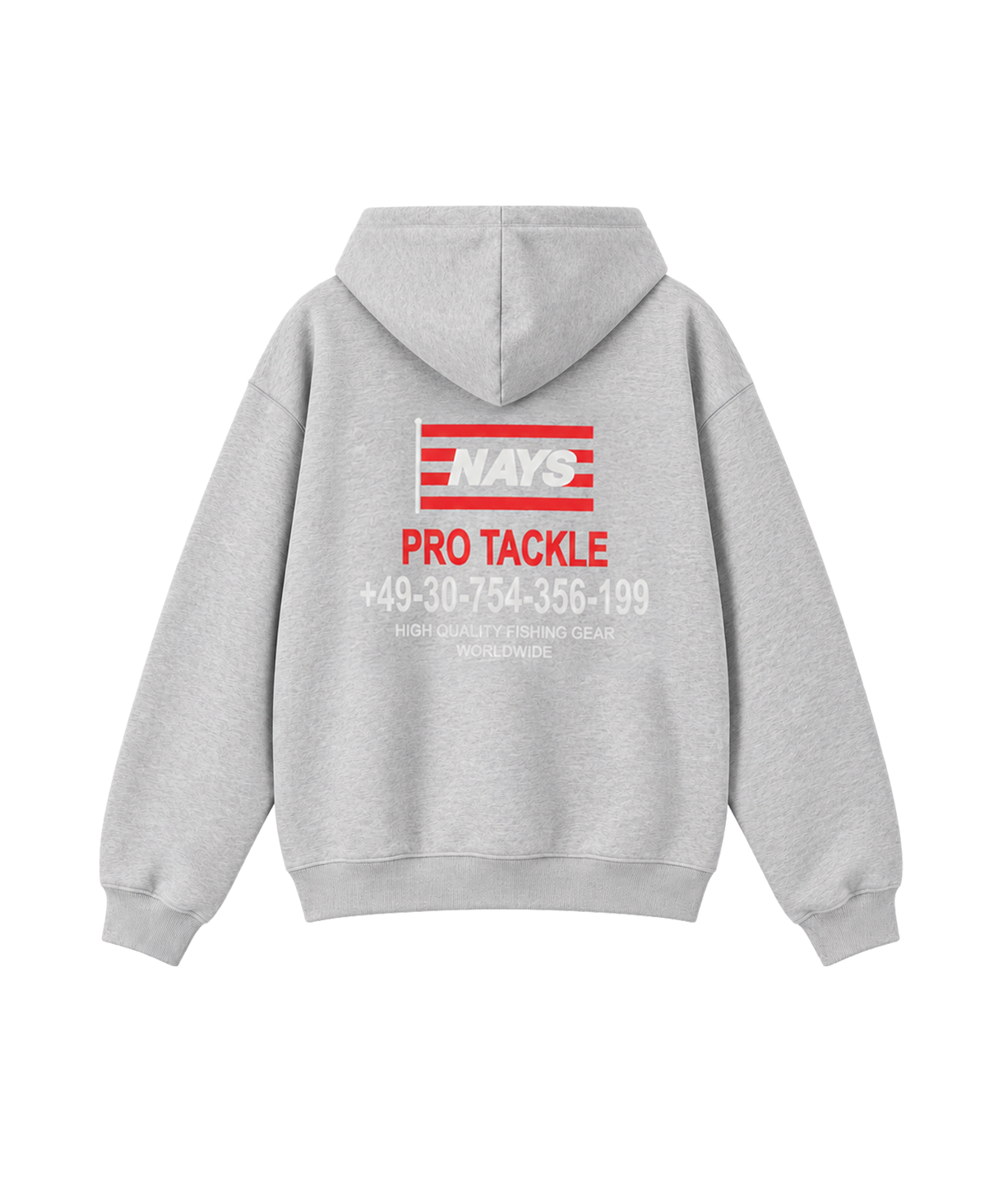 Nays Pro Tackle Hoodie in Hellgrau – Rückansicht mit rotem Logo- und Telefonnummer-Aufdruck.