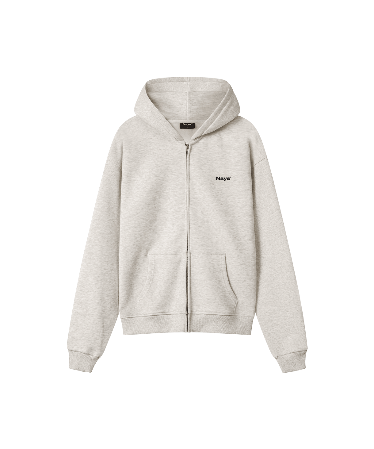 Die Vorderanicht eines Hoodies mit Reißverschluss in grau melange. Das Kapuzen-Sweatshirt hat seitliche Eingriffstaschen und ein kleines Nays Logo auf der Brust. 