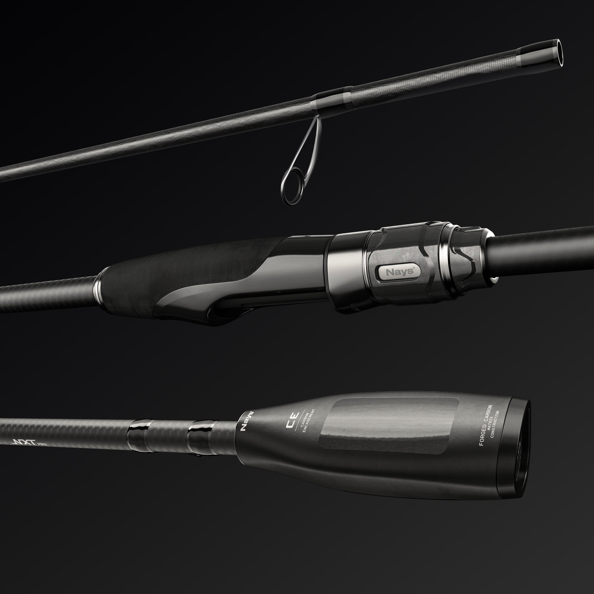 Im Ausschnitt eine Grafik mit Fokus auf Rollenhalter und Handstück der Nays NXT PRO Spinn Raubfisch Angelrute.