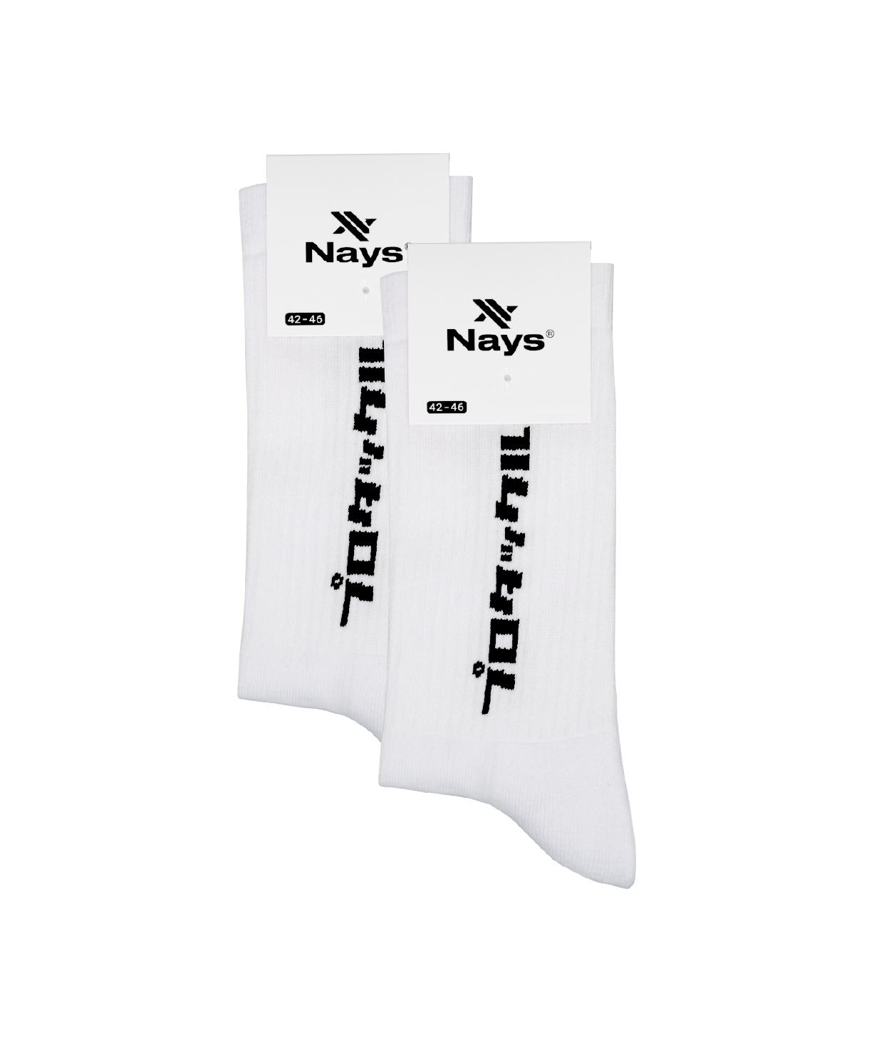 Nays Pro Tackle Socken in Weiß mit schwarzem Logo an der Seite, auf Verpackungskarten mit Größe 42-46. Baumwoll-Mix und Frotteesohle für Komfort.