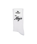 Nays Script Logo Socken, weiß, mit schwarzem Schriftzug, in Größe 42–46, auf Kartonanhänger. Baumwoll-Mix und weiche Frotteesohle für Komfort.