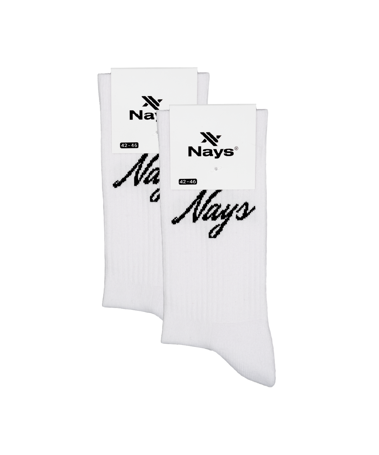 Nays Script Logo Socken im Einzelhandelspaket, weiß mit schwarzem Logo, für Größen 42-46. Baumwoll-Mix und Frotteesohle bieten Tragekomfort und bequeme Passform.