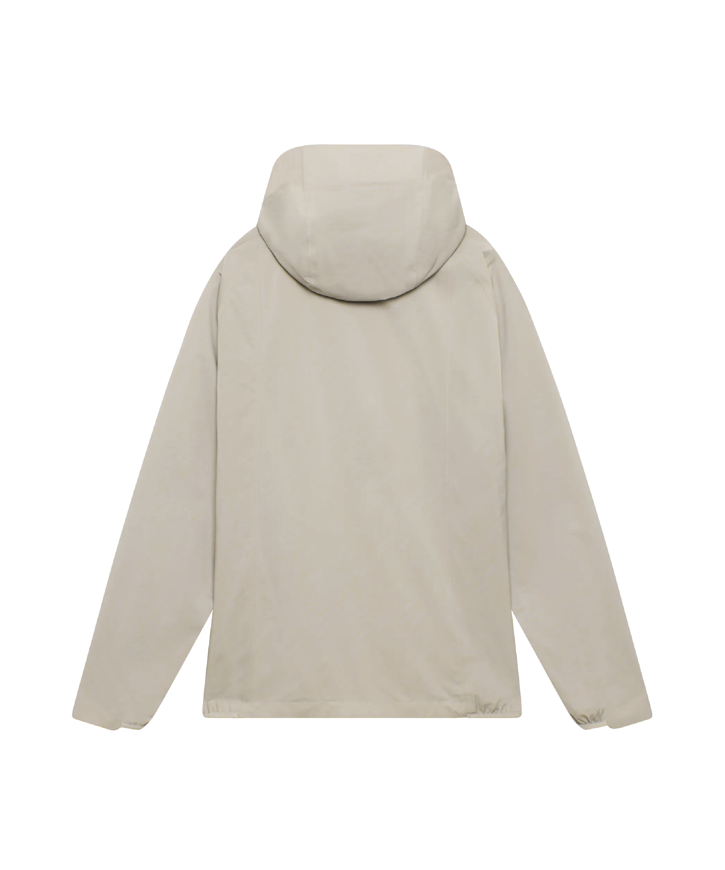 Rückansicht der Nays 2L Defend Mono Jacket, einer beigen Windjacke mit Kapuze, elastischen Bündchen, geradem Saum und sportlichen Raglanärmeln für Bewegungsfreiheit.