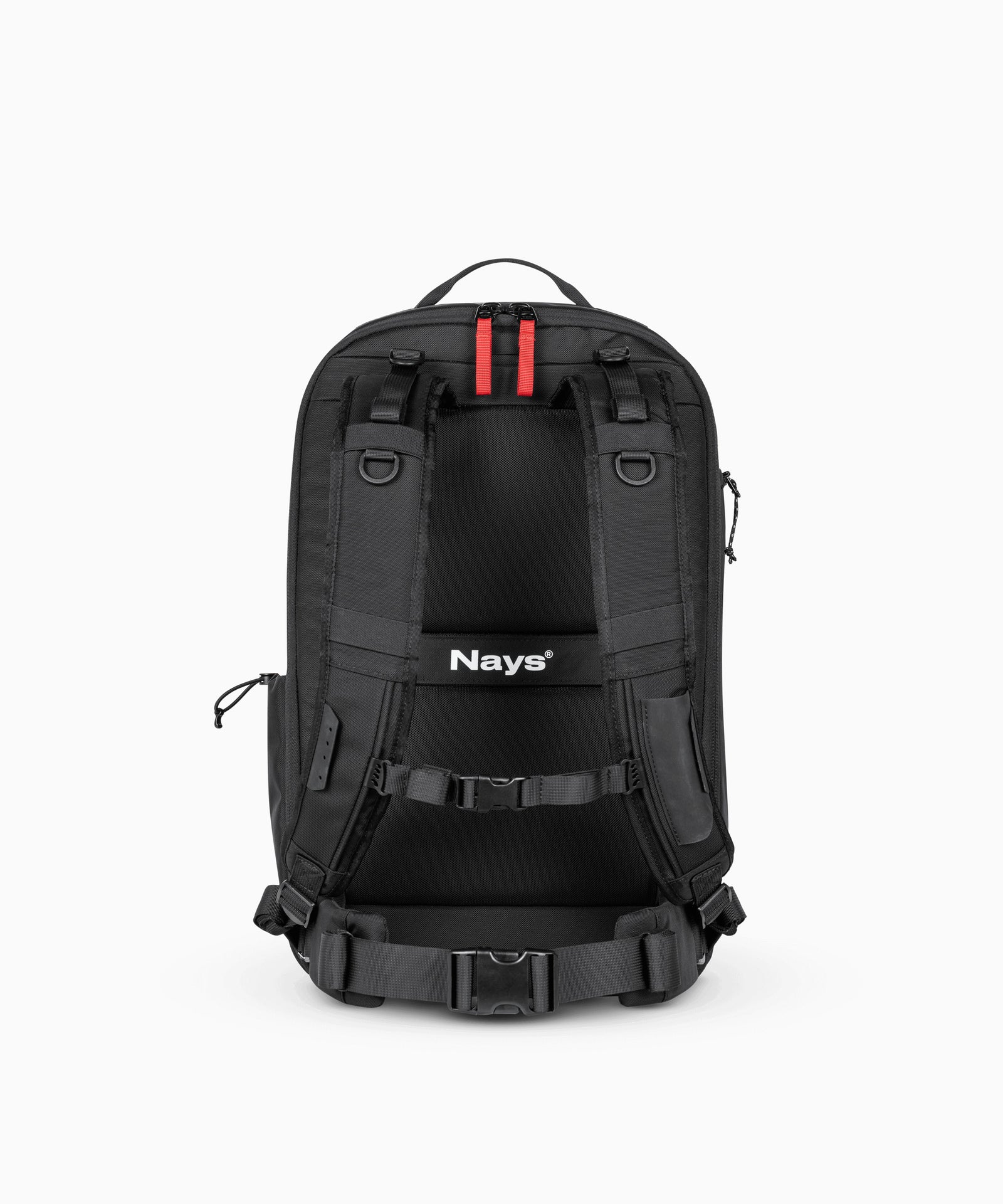 Rückansicht schwarzer Rucksack. 
Auffällig sind gepolsterte Tragegurte mit Befestigungsschlaufen für weiteres Werkzeug, ein abnehmbarer Hüftgurt, sowie ein verstellbarer Brustgurt.