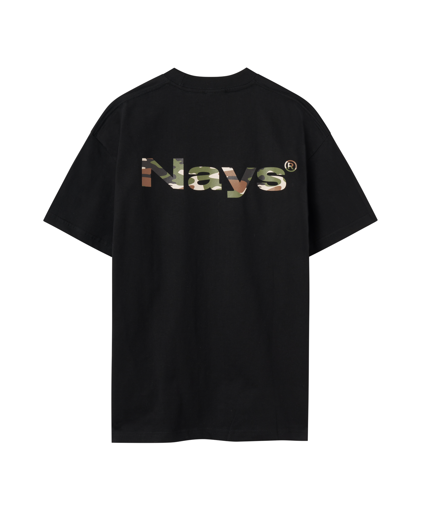 Rückansicht schwarzes T-Shirt von Nays mit Logo auf dem Rücken in camouflage.
